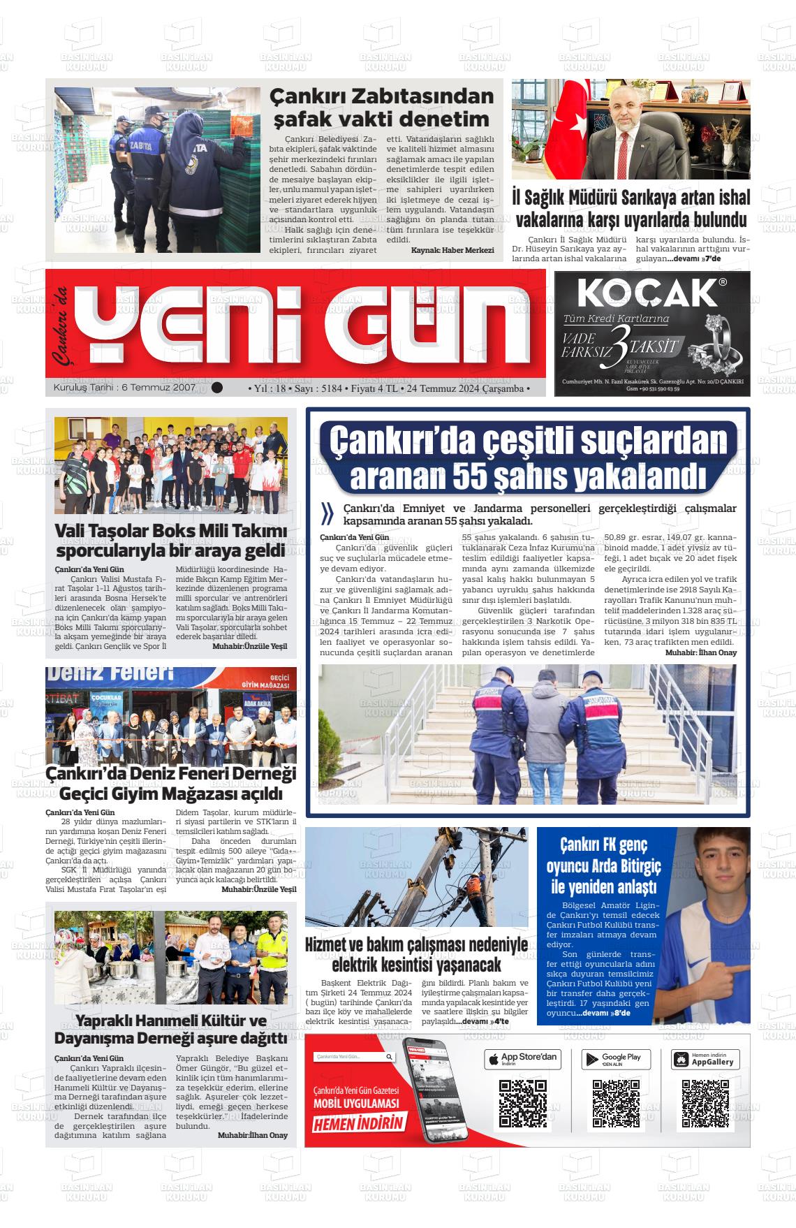 24 Temmuz 2024 Çankırıda Yenigün Gazete Manşeti