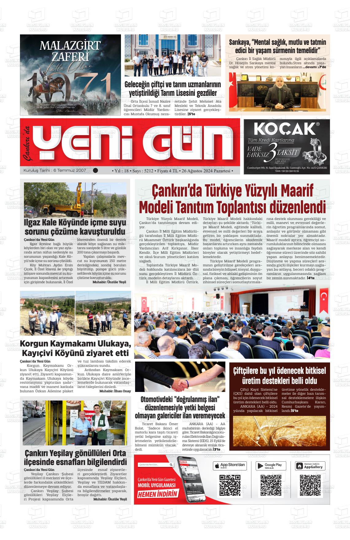 26 Ağustos 2024 Çankırıda Yenigün Gazete Manşeti