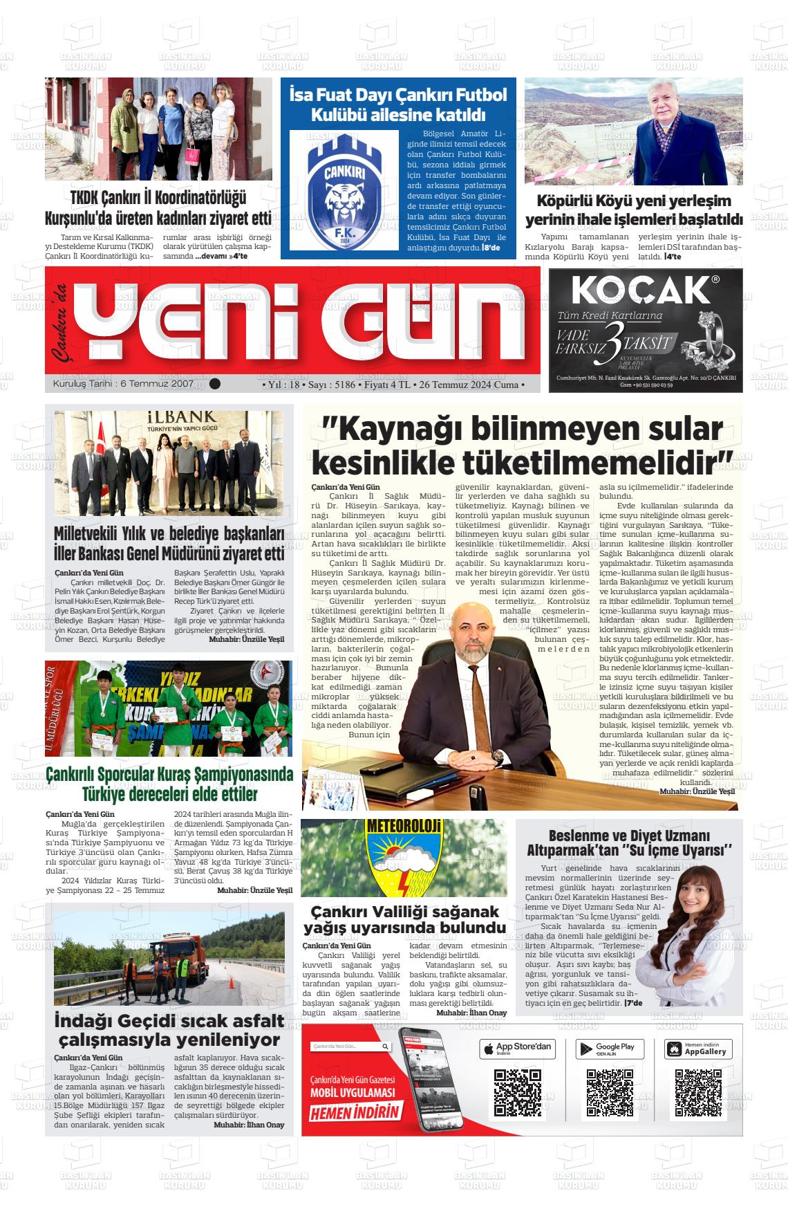 26 Temmuz 2024 Çankırıda Yenigün Gazete Manşeti