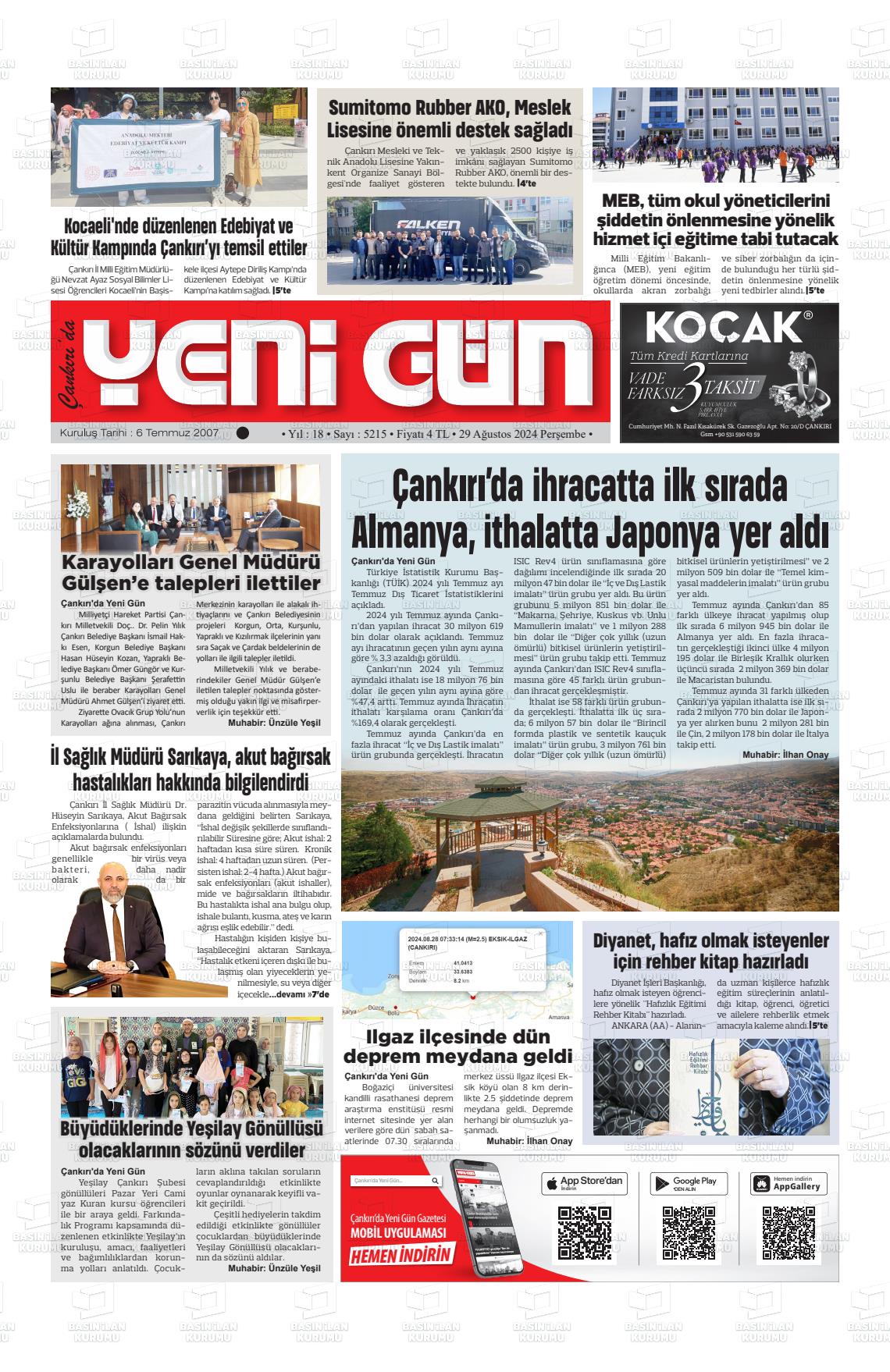 29 Ağustos 2024 Çankırıda Yenigün Gazete Manşeti