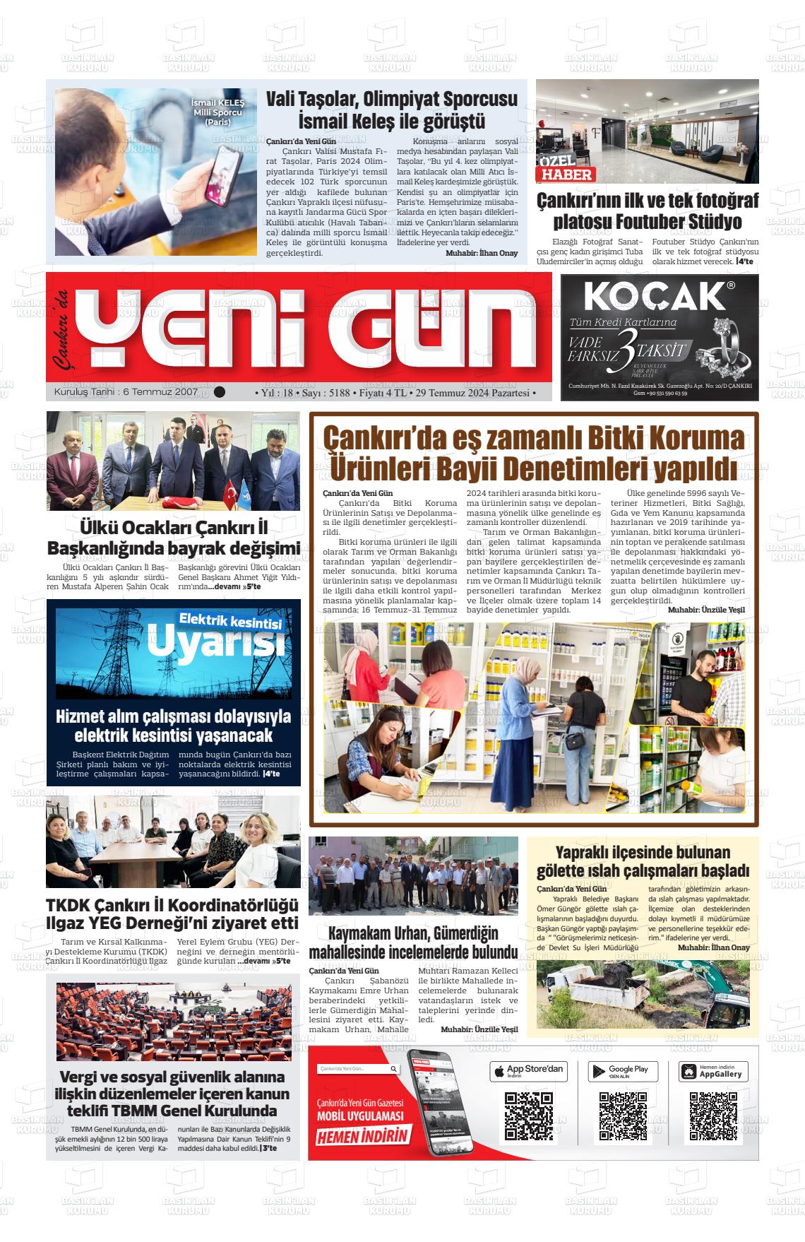 29 Temmuz 2024 Çankırıda Yenigün Gazete Manşeti