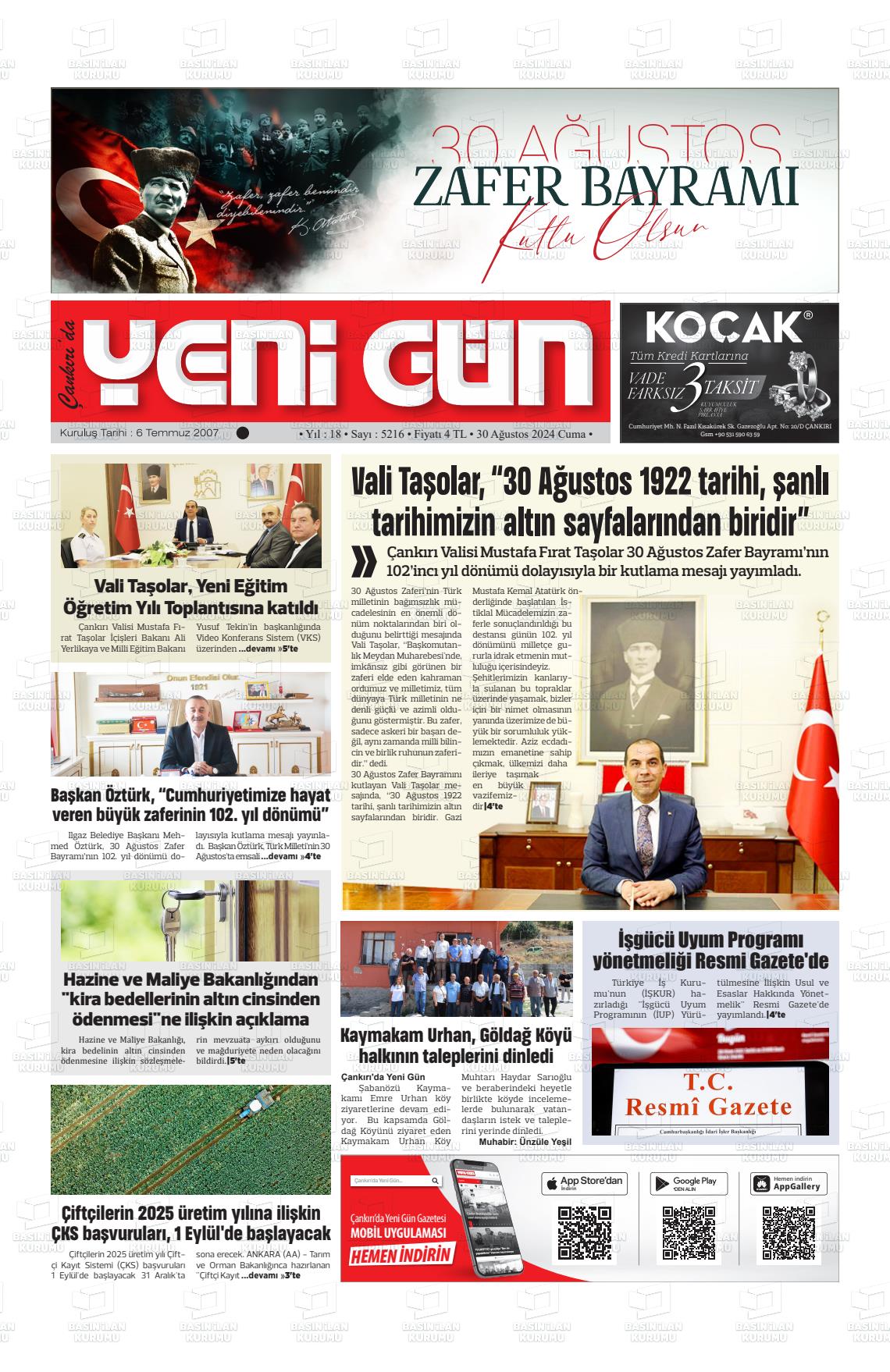 30 Ağustos 2024 Çankırıda Yenigün Gazete Manşeti