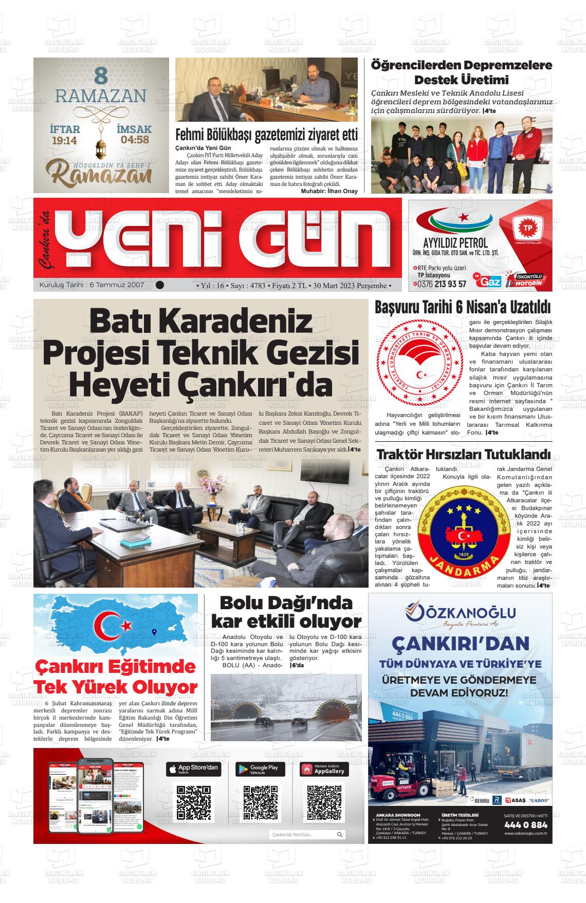 30 Mart 2023 Çankırıda Yenigün Gazete Manşeti