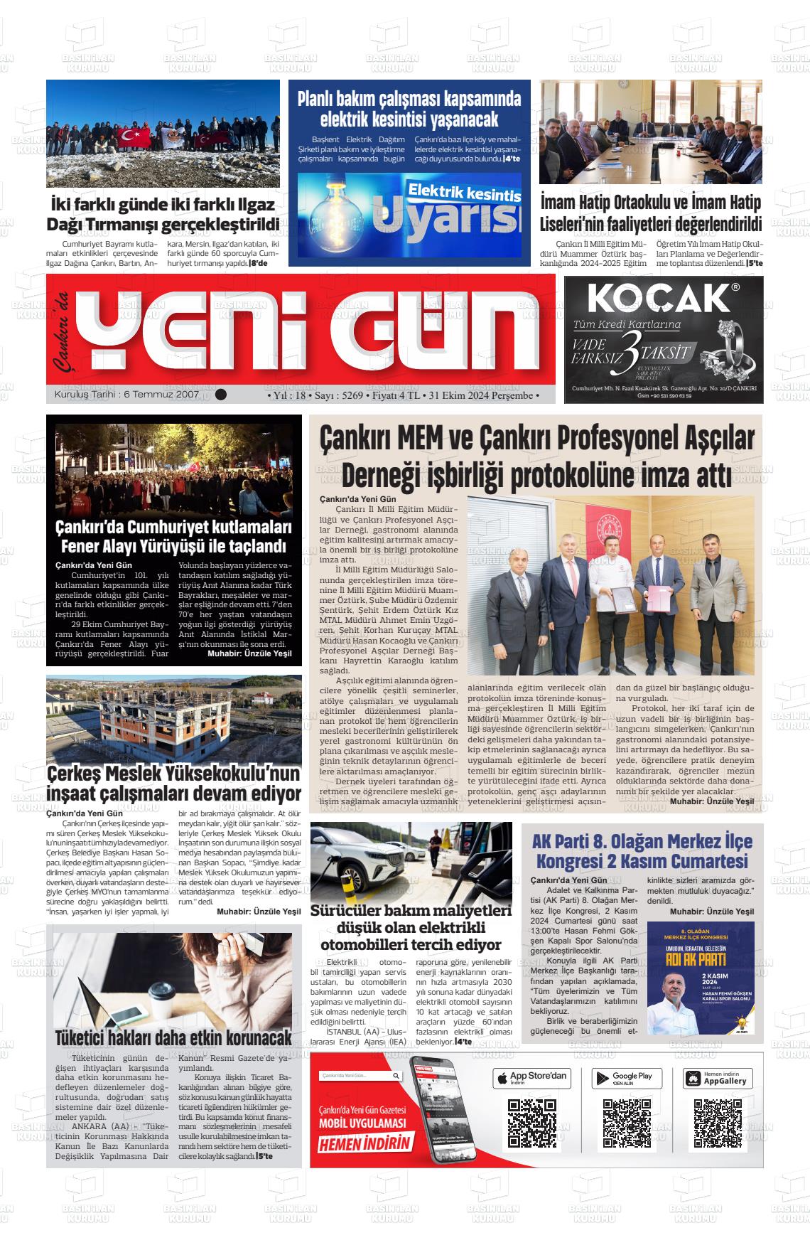 31 Ekim 2024 Çankırıda Yenigün Gazete Manşeti