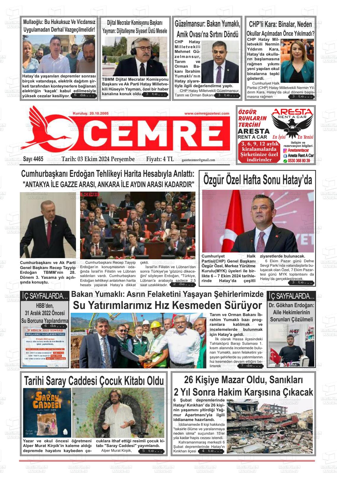 03 Ekim 2024 Cemre Gazete Manşeti