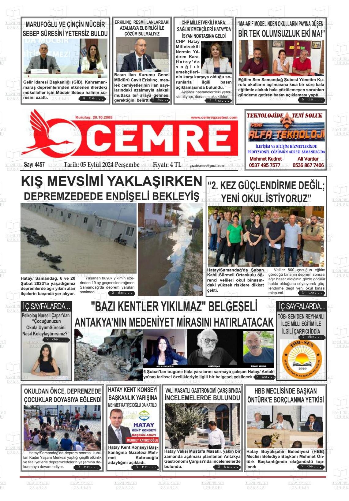 05 Eylül 2024 Cemre Gazete Manşeti