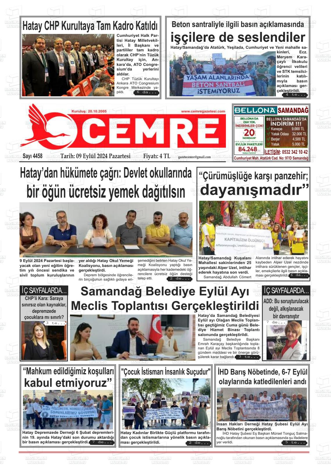 09 Eylül 2024 Cemre Gazete Manşeti