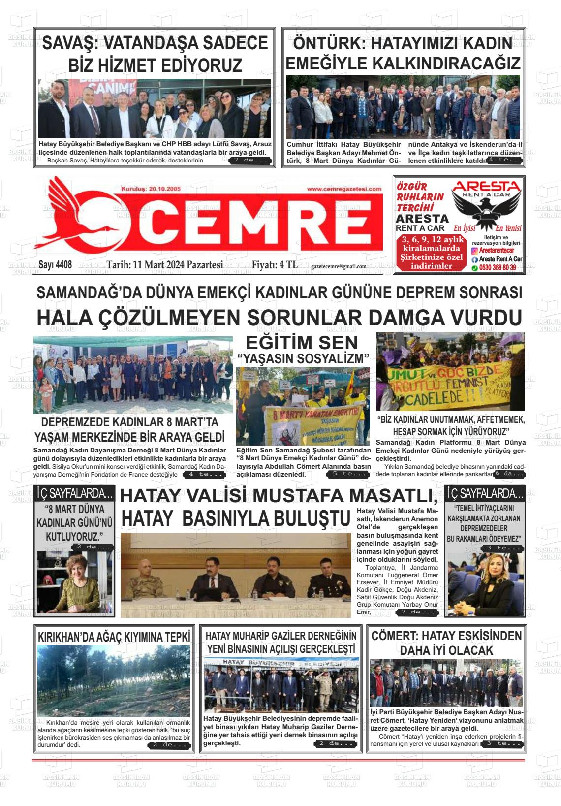 11 Mart 2024 Cemre Gazete Manşeti