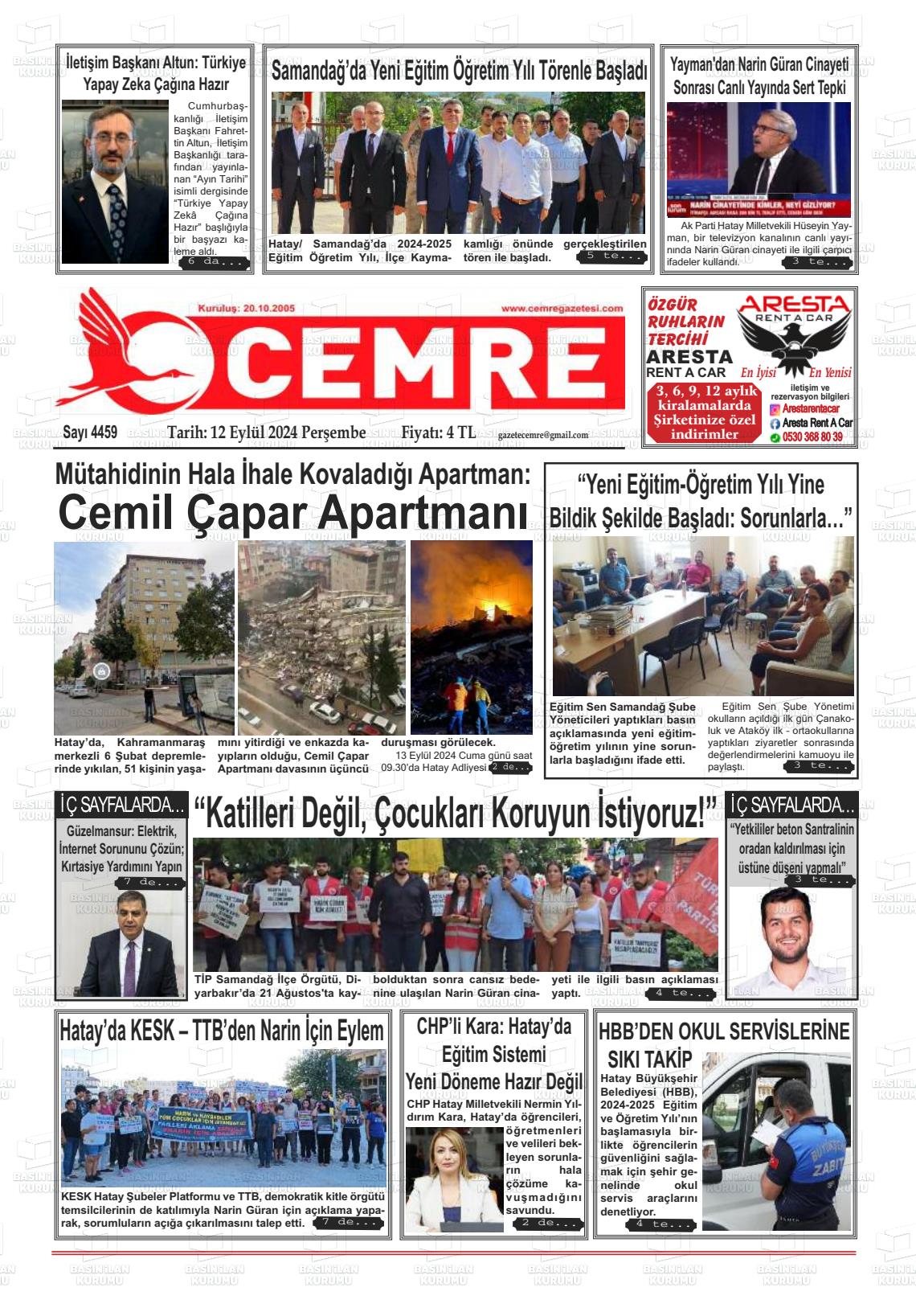 12 Eylül 2024 Cemre Gazete Manşeti