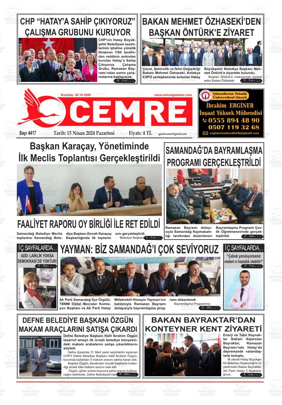 15 Nisan 2024 Cemre Gazete Manşeti