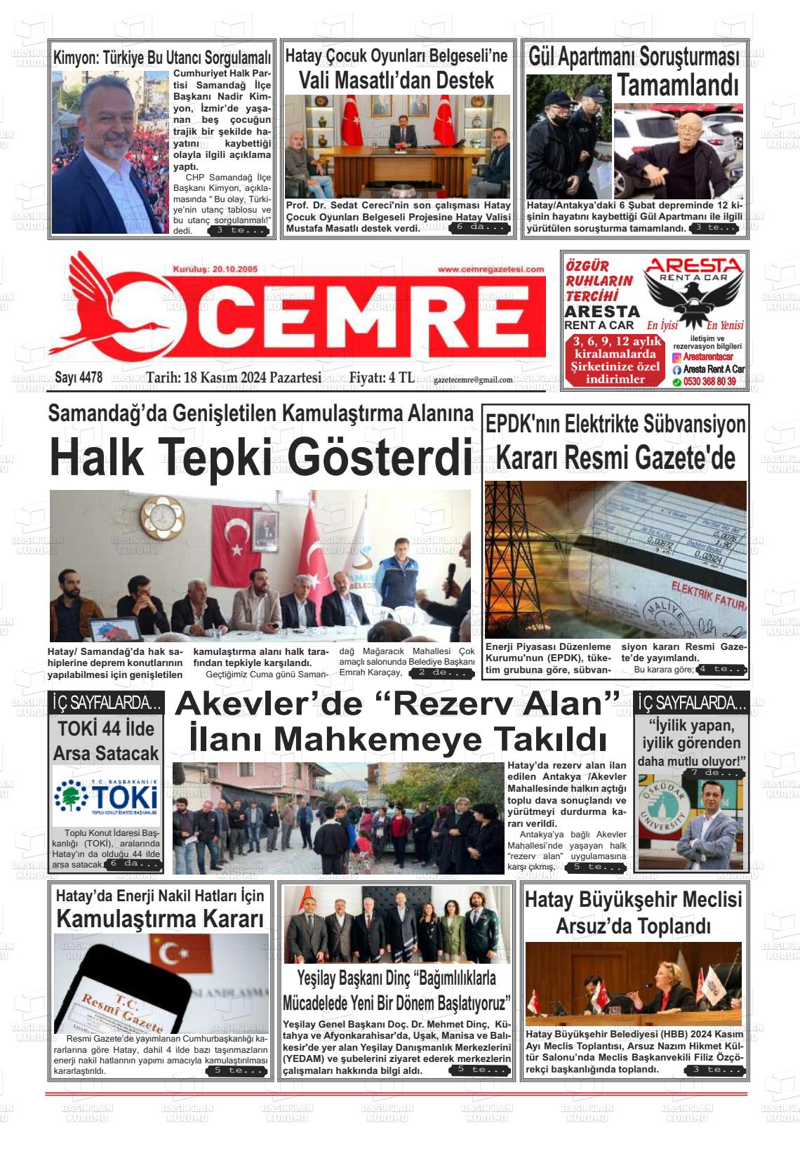 18 Kasım 2024 Cemre Gazete Manşeti