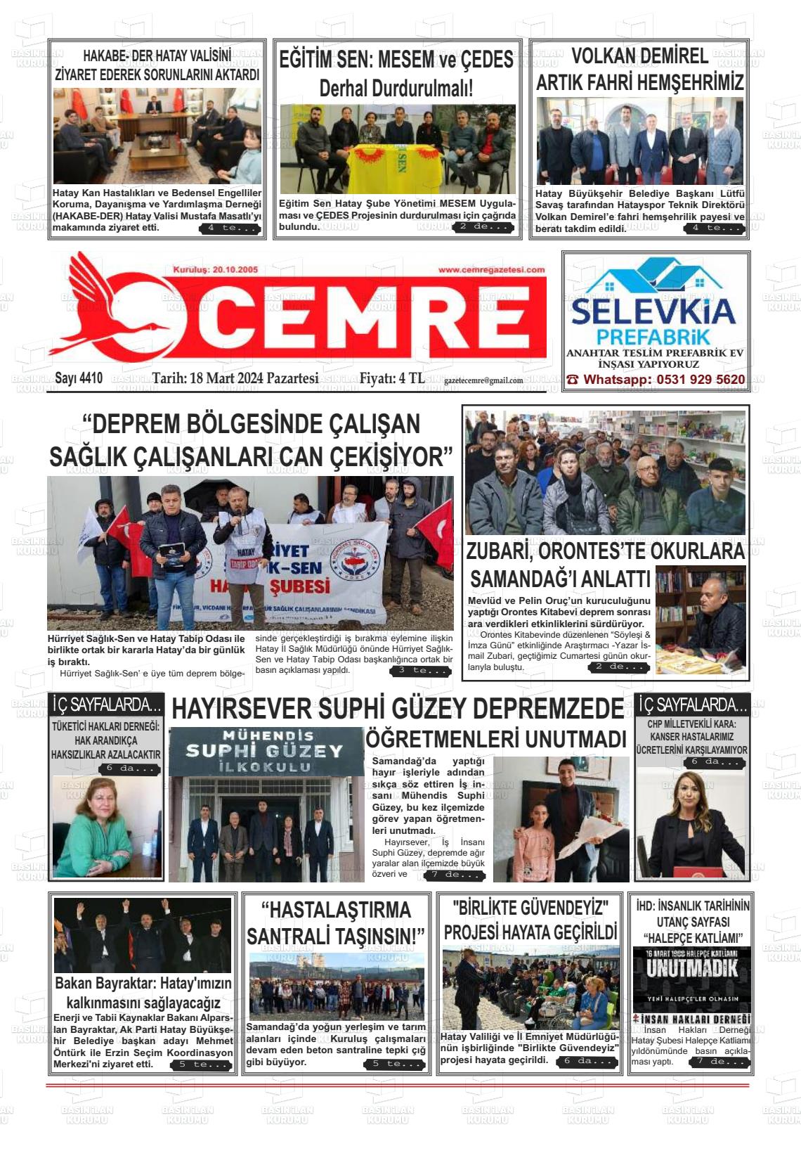 18 Mart 2024 Cemre Gazete Manşeti