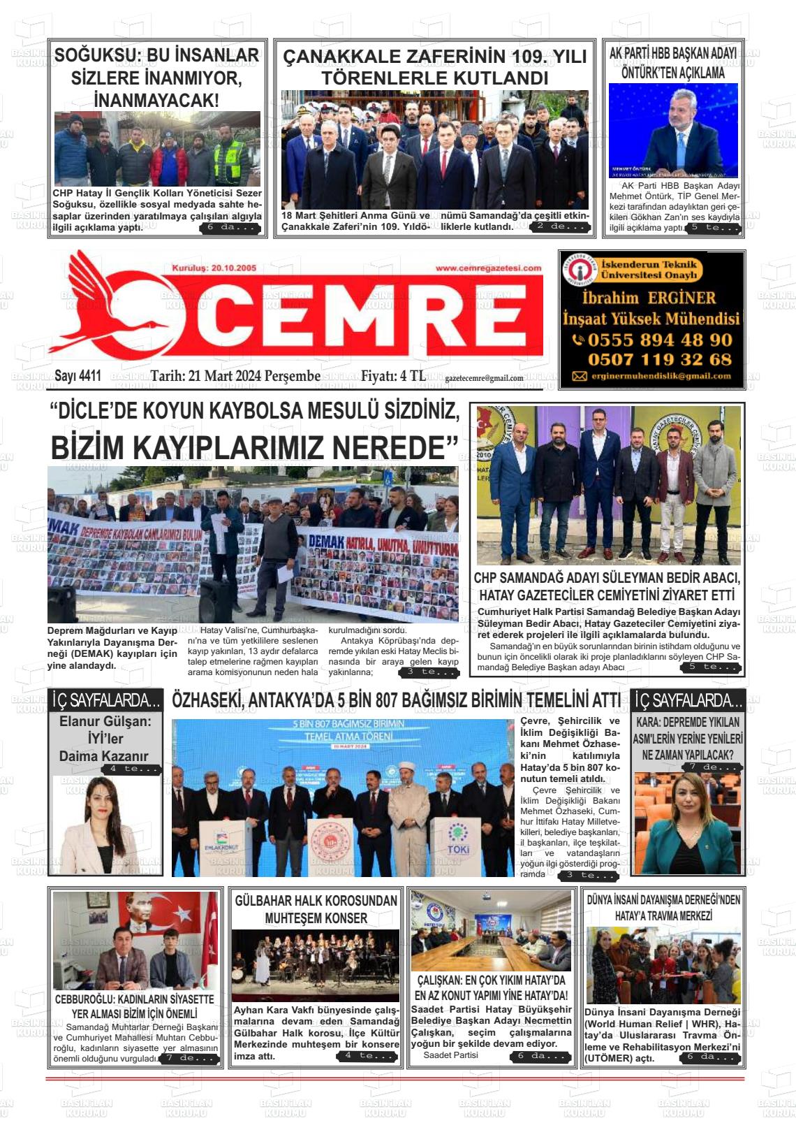 21 Mart 2024 Cemre Gazete Manşeti