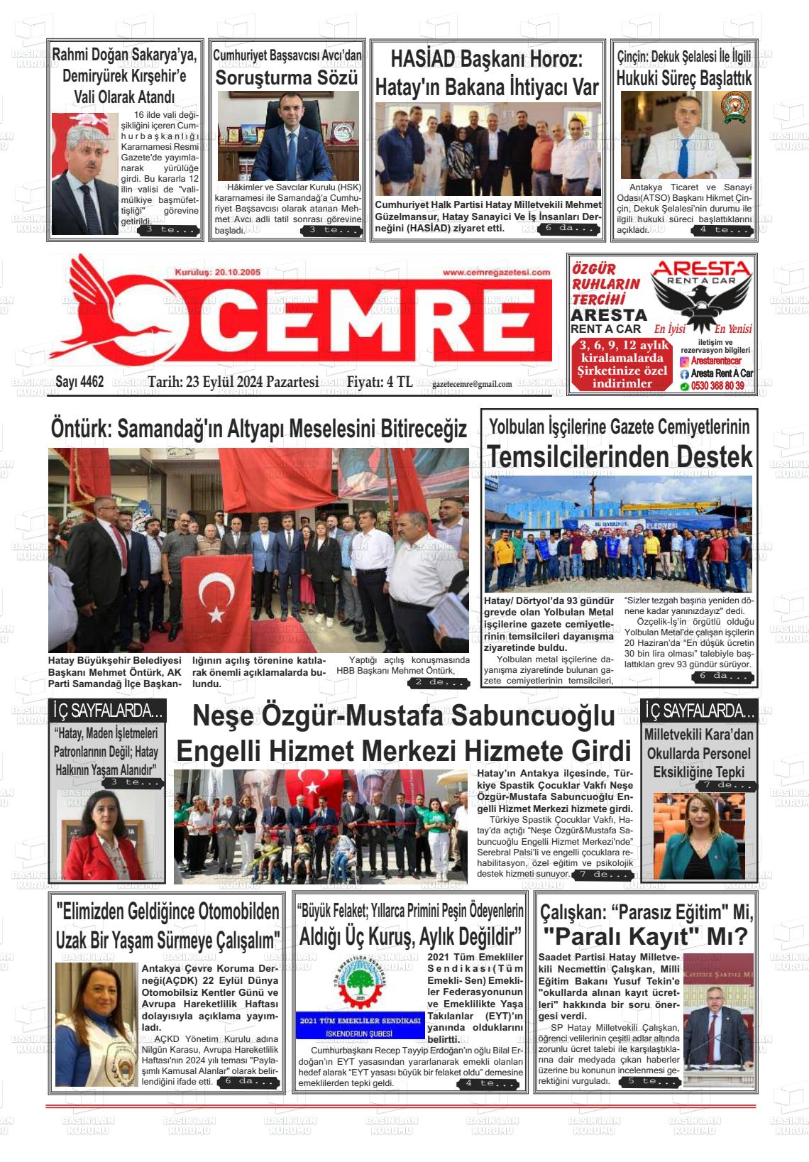 23 Eylül 2024 Cemre Gazete Manşeti