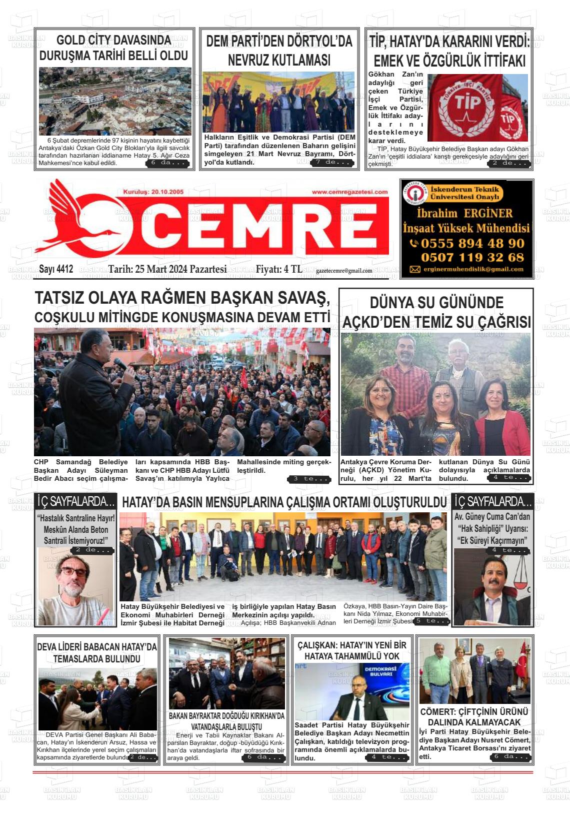 25 Mart 2024 Cemre Gazete Manşeti