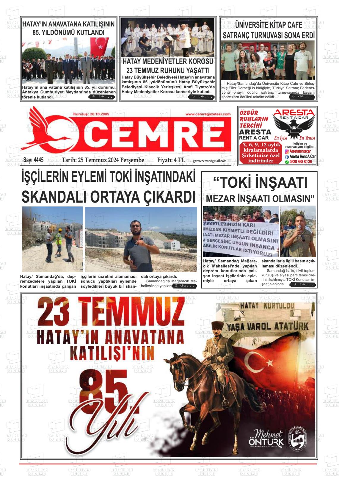 25 Temmuz 2024 Cemre Gazete Manşeti