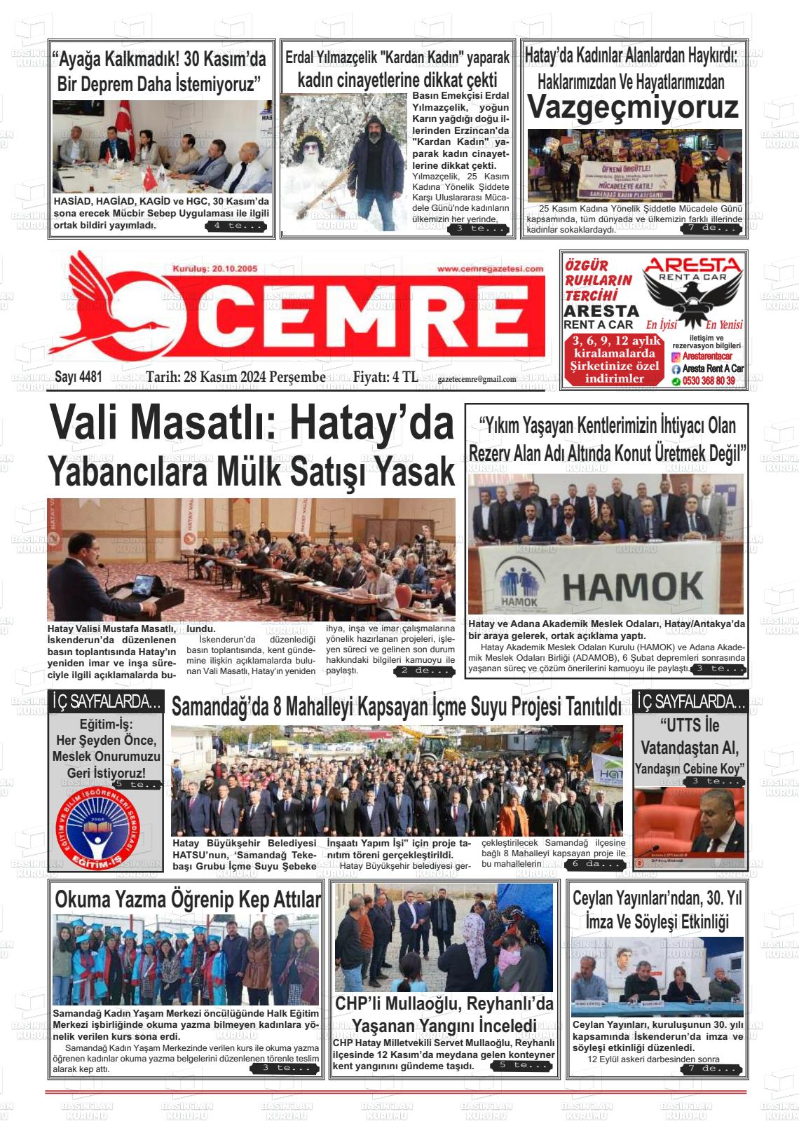 02 Aralık 2024 Cemre Gazete Manşeti