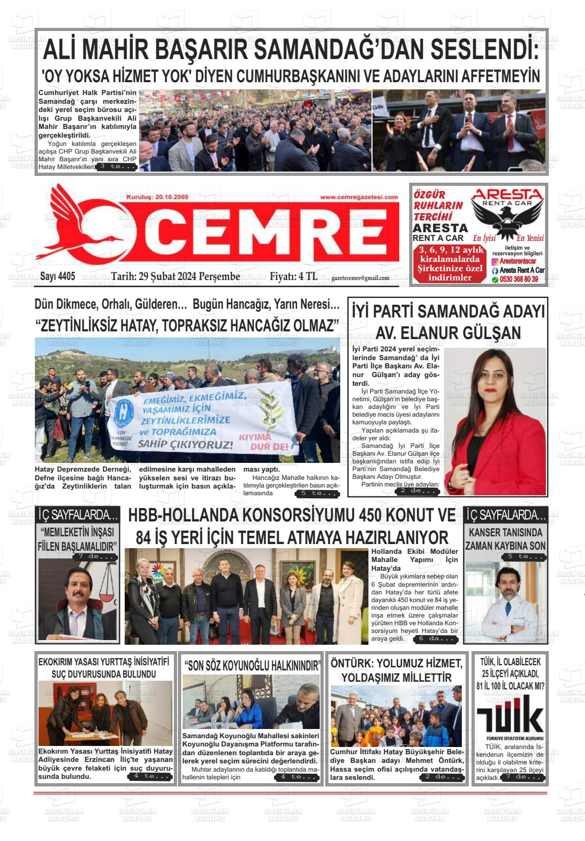 29 Şubat 2024 Cemre Gazete Manşeti