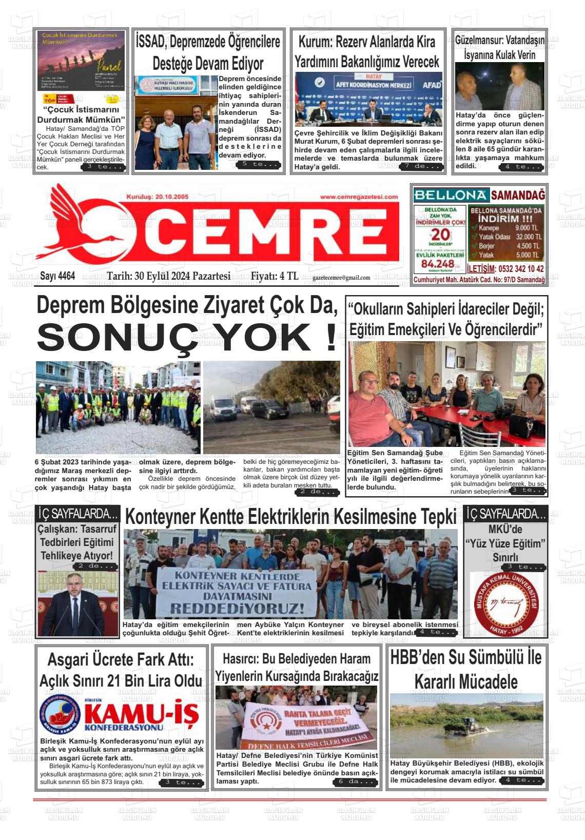 30 Eylül 2024 Cemre Gazete Manşeti