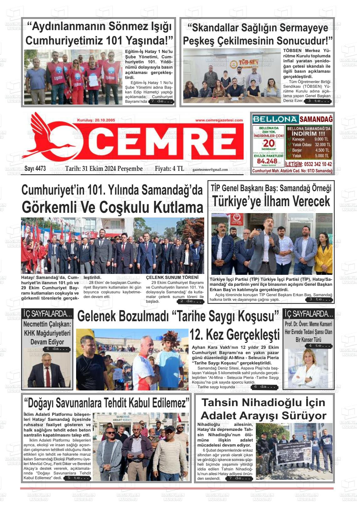 31 Ekim 2024 Cemre Gazete Manşeti