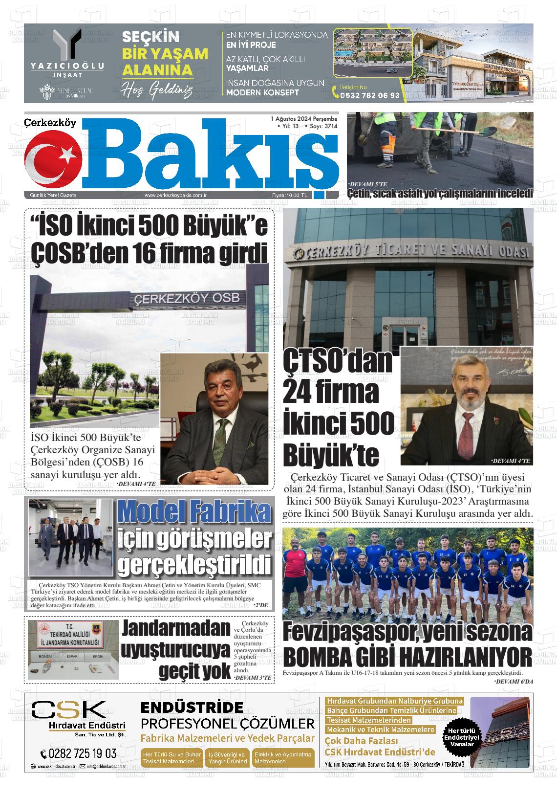 01 Ağustos 2024 Çerkezköy Bakış Gazete Manşeti