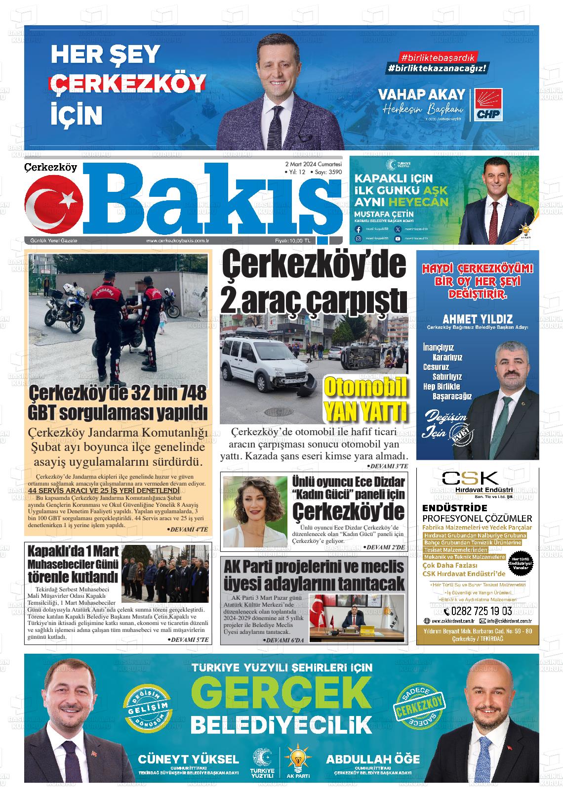 02 Mart 2024 Çerkezköy Bakış Gazete Manşeti