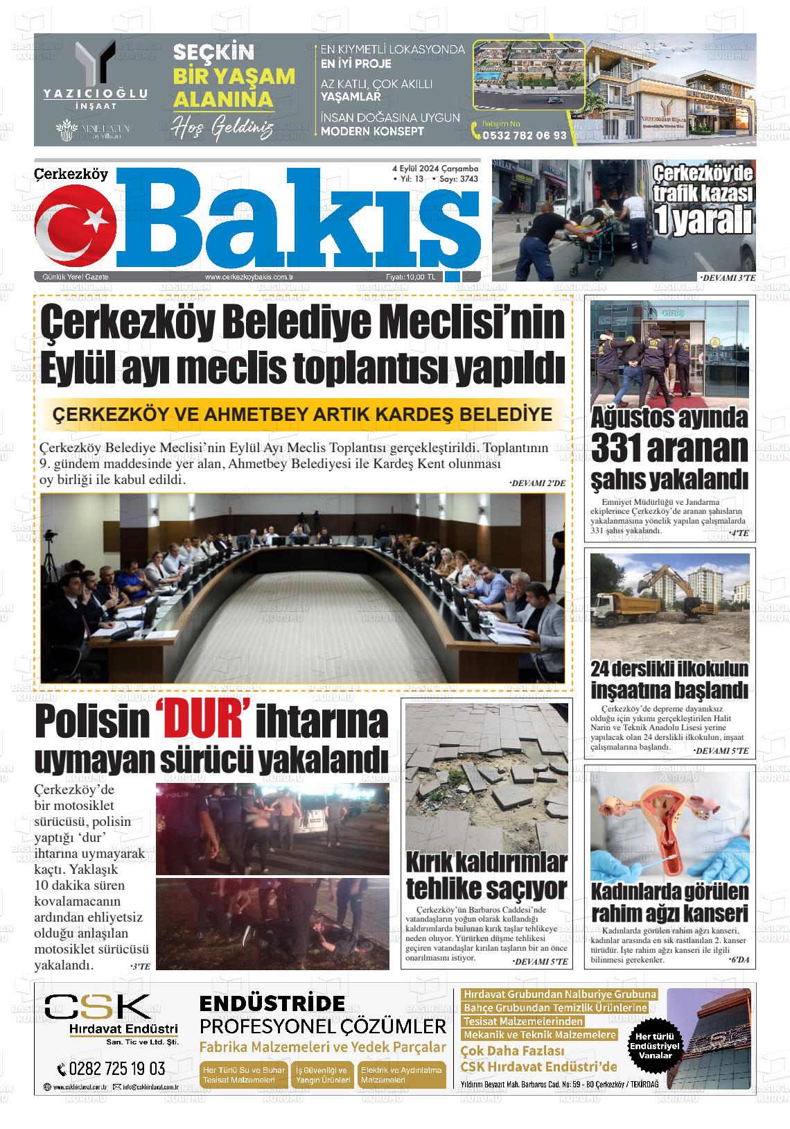 04 Eylül 2024 Çerkezköy Bakış Gazete Manşeti