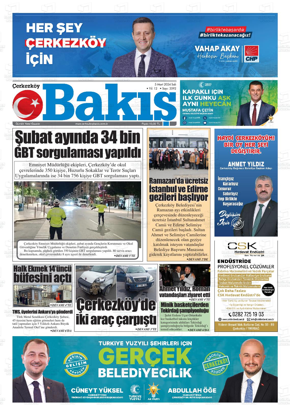 07 Mart 2024 Çerkezköy Bakış Gazete Manşeti