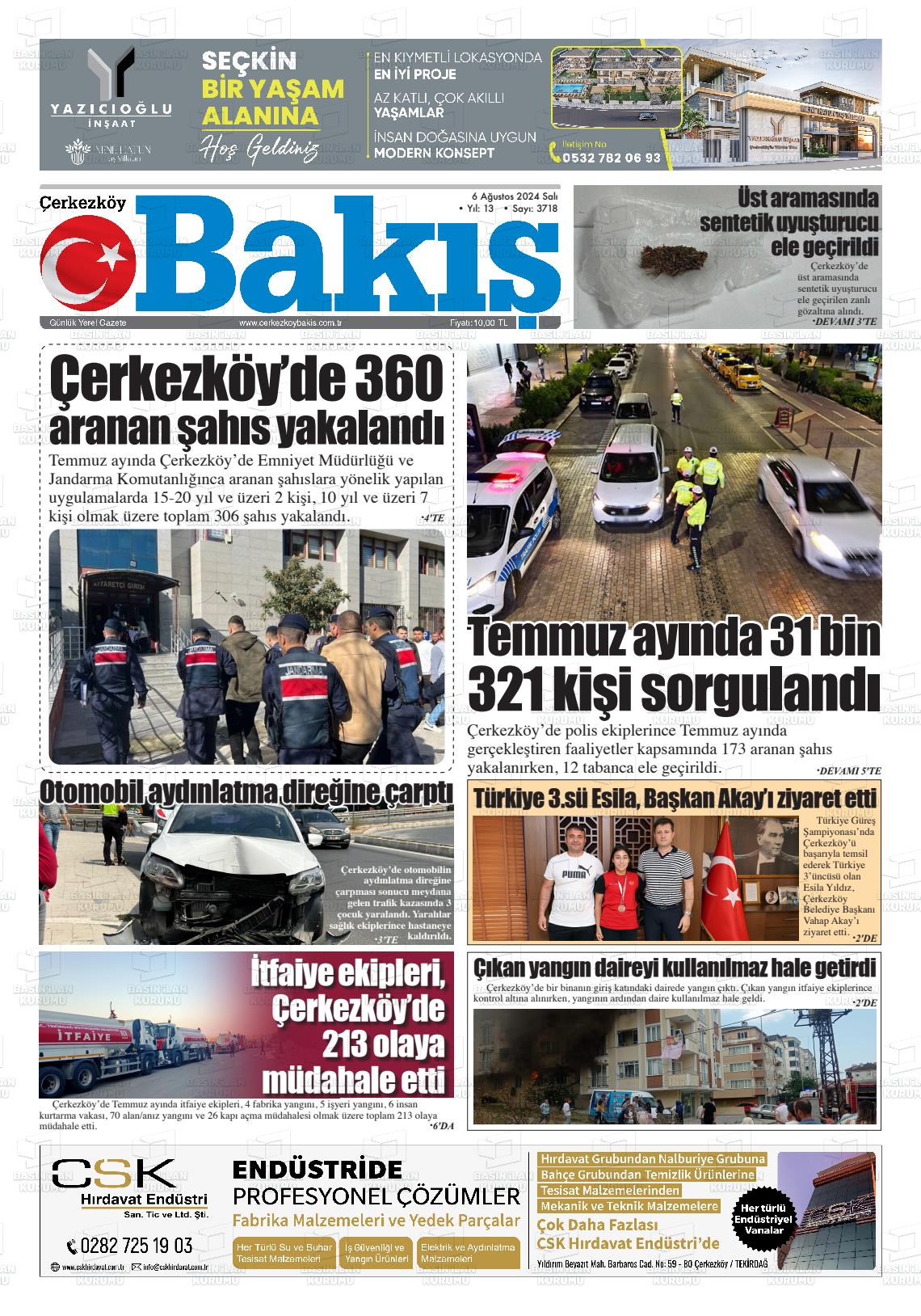 06 Ağustos 2024 Çerkezköy Bakış Gazete Manşeti