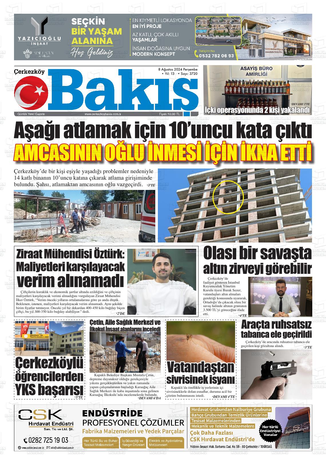 08 Ağustos 2024 Çerkezköy Bakış Gazete Manşeti