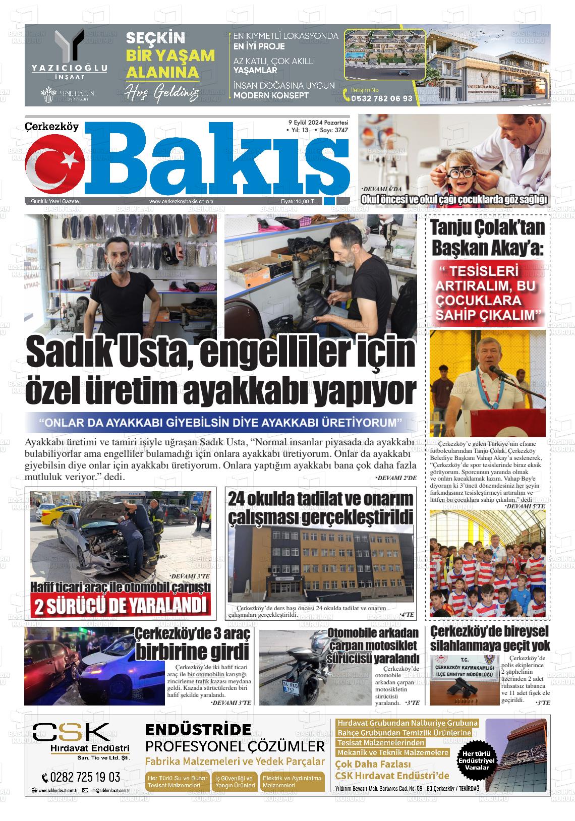 09 Eylül 2024 Çerkezköy Bakış Gazete Manşeti