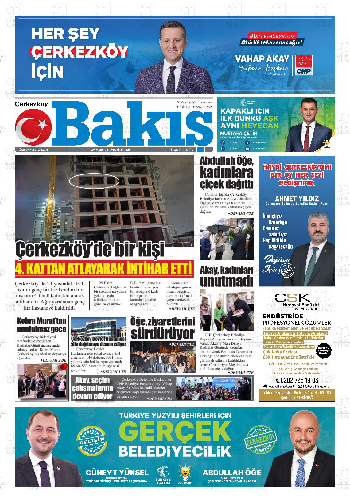 09 Mart 2024 Çerkezköy Bakış Gazete Manşeti