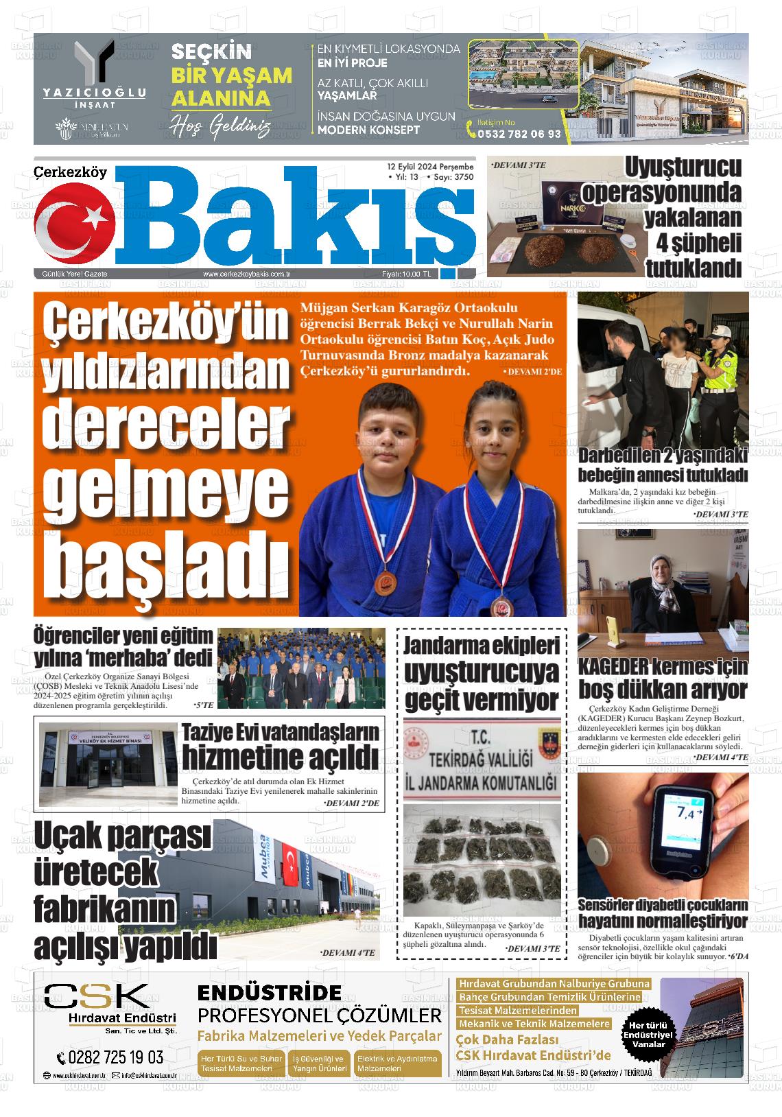 12 Eylül 2024 Çerkezköy Bakış Gazete Manşeti