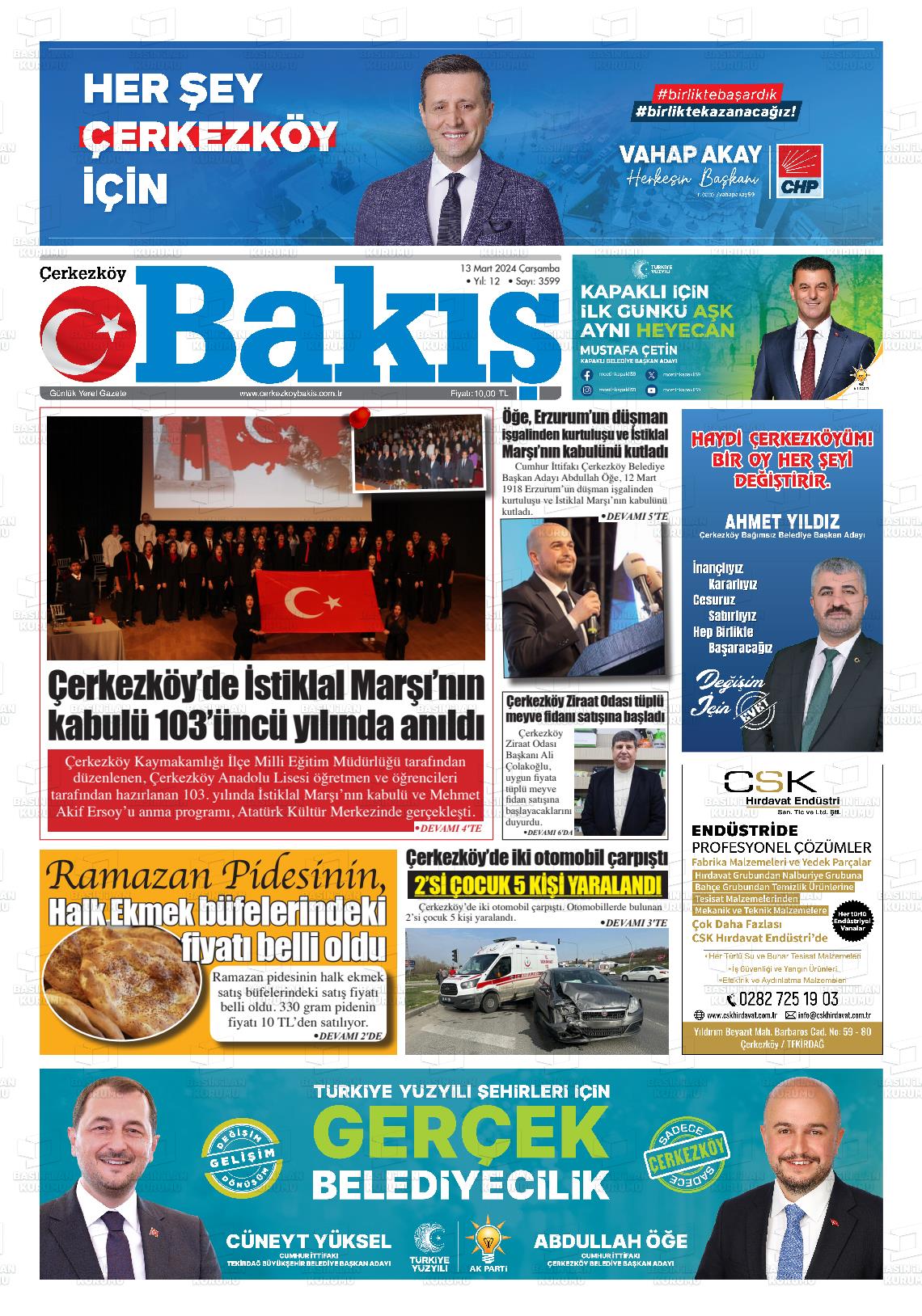 13 Mart 2024 Çerkezköy Bakış Gazete Manşeti