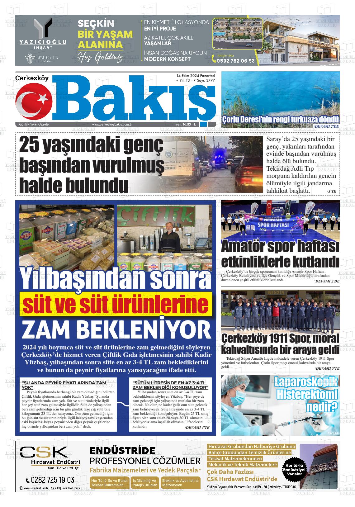 14 Ekim 2024 Çerkezköy Bakış Gazete Manşeti