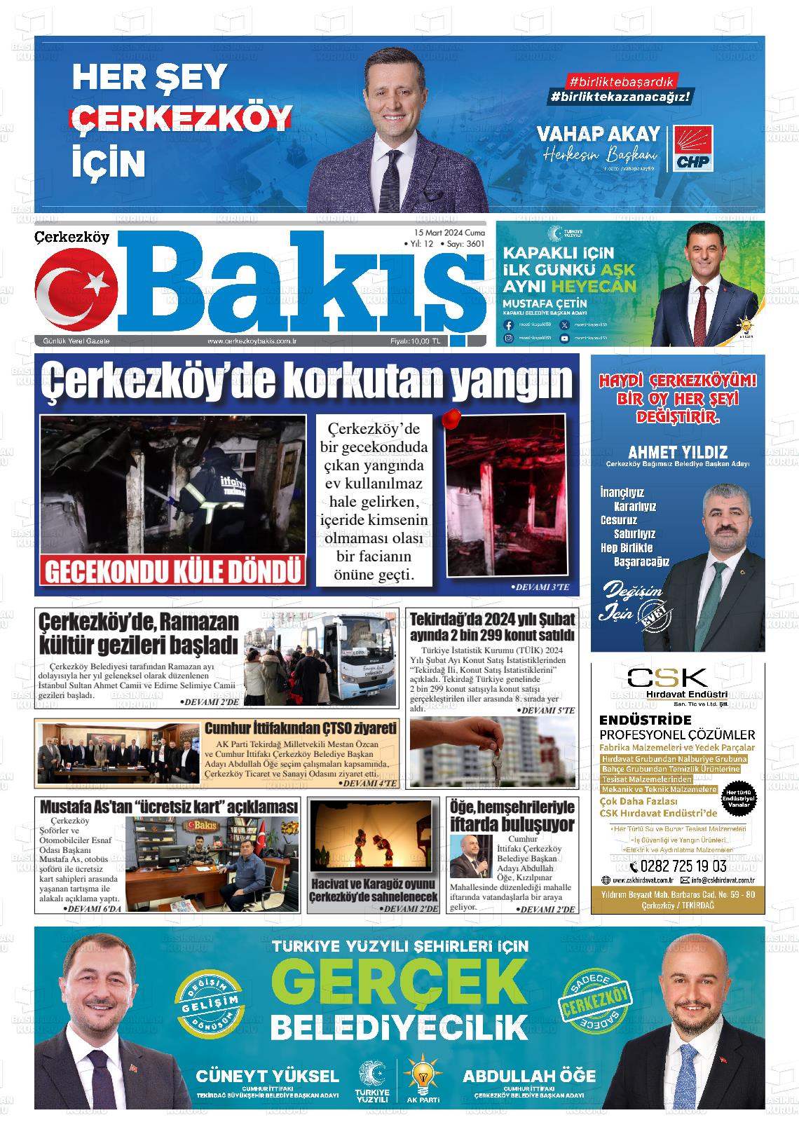 15 Mart 2024 Çerkezköy Bakış Gazete Manşeti