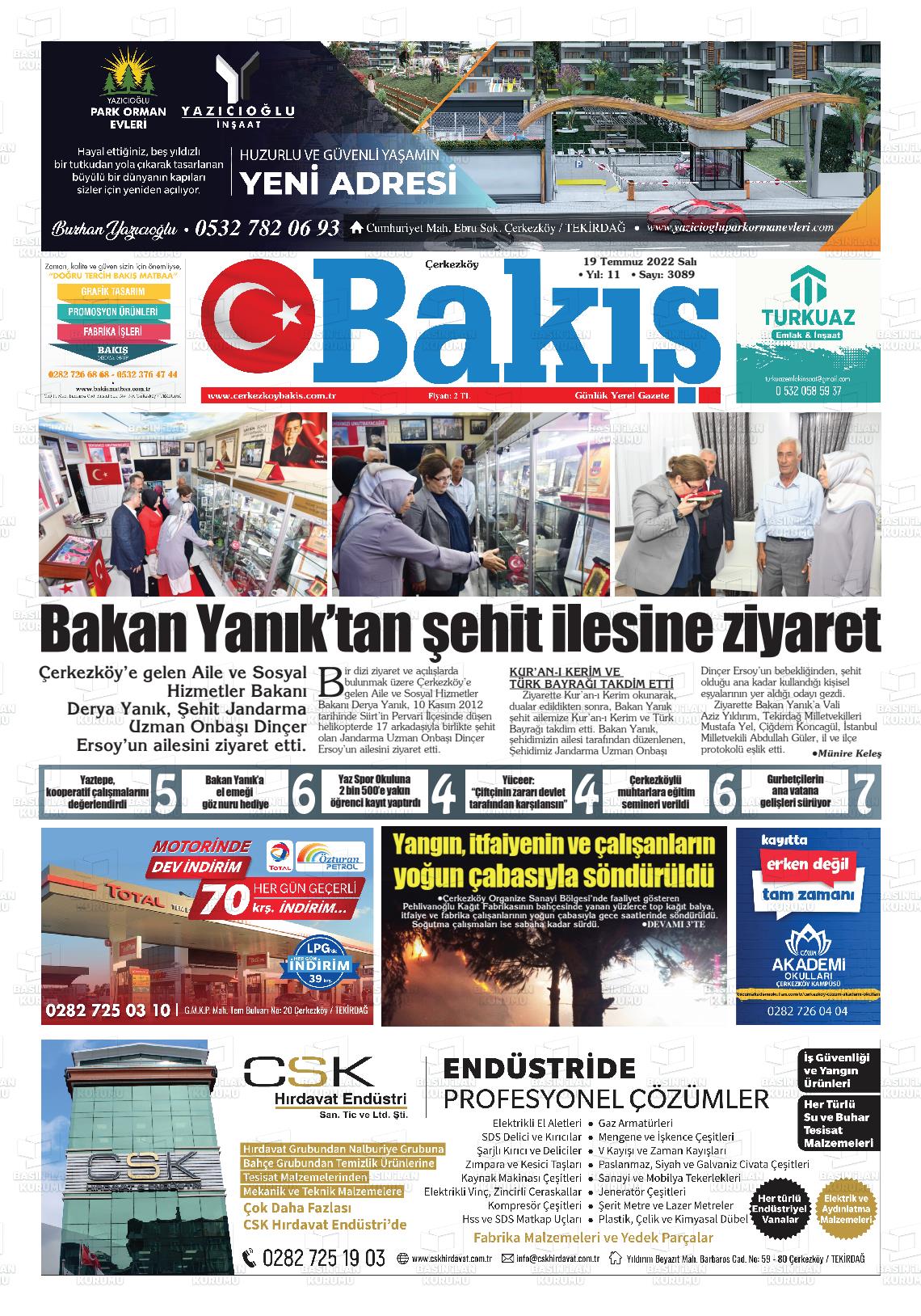 19 Temmuz 2022 Çerkezköy Bakış Gazete Manşeti