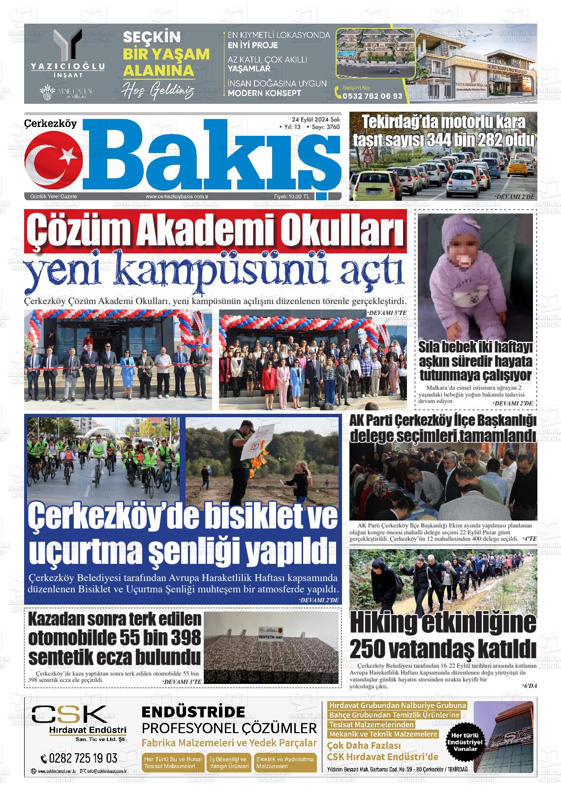 24 Eylül 2024 Çerkezköy Bakış Gazete Manşeti