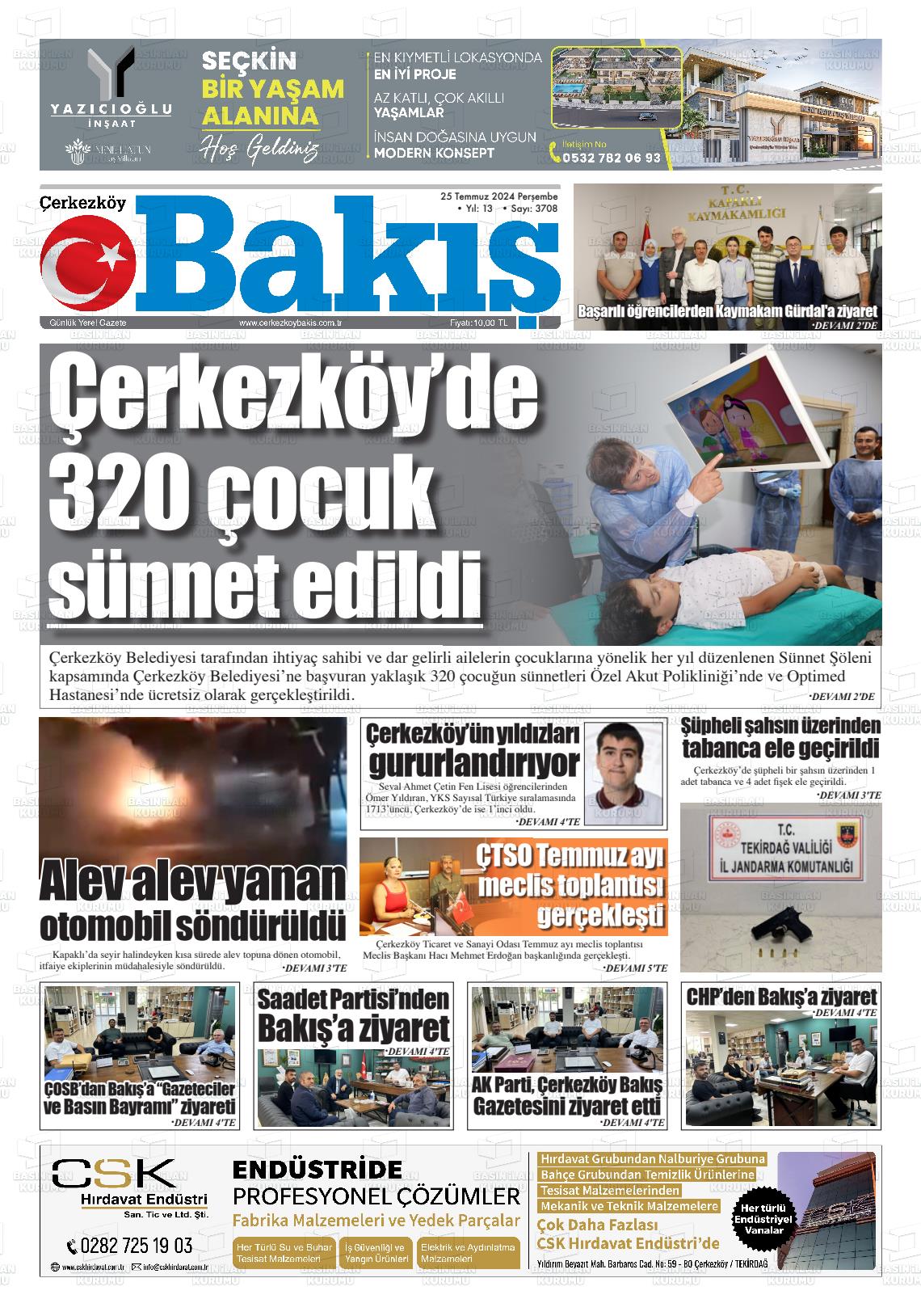 25 Temmuz 2024 Çerkezköy Bakış Gazete Manşeti