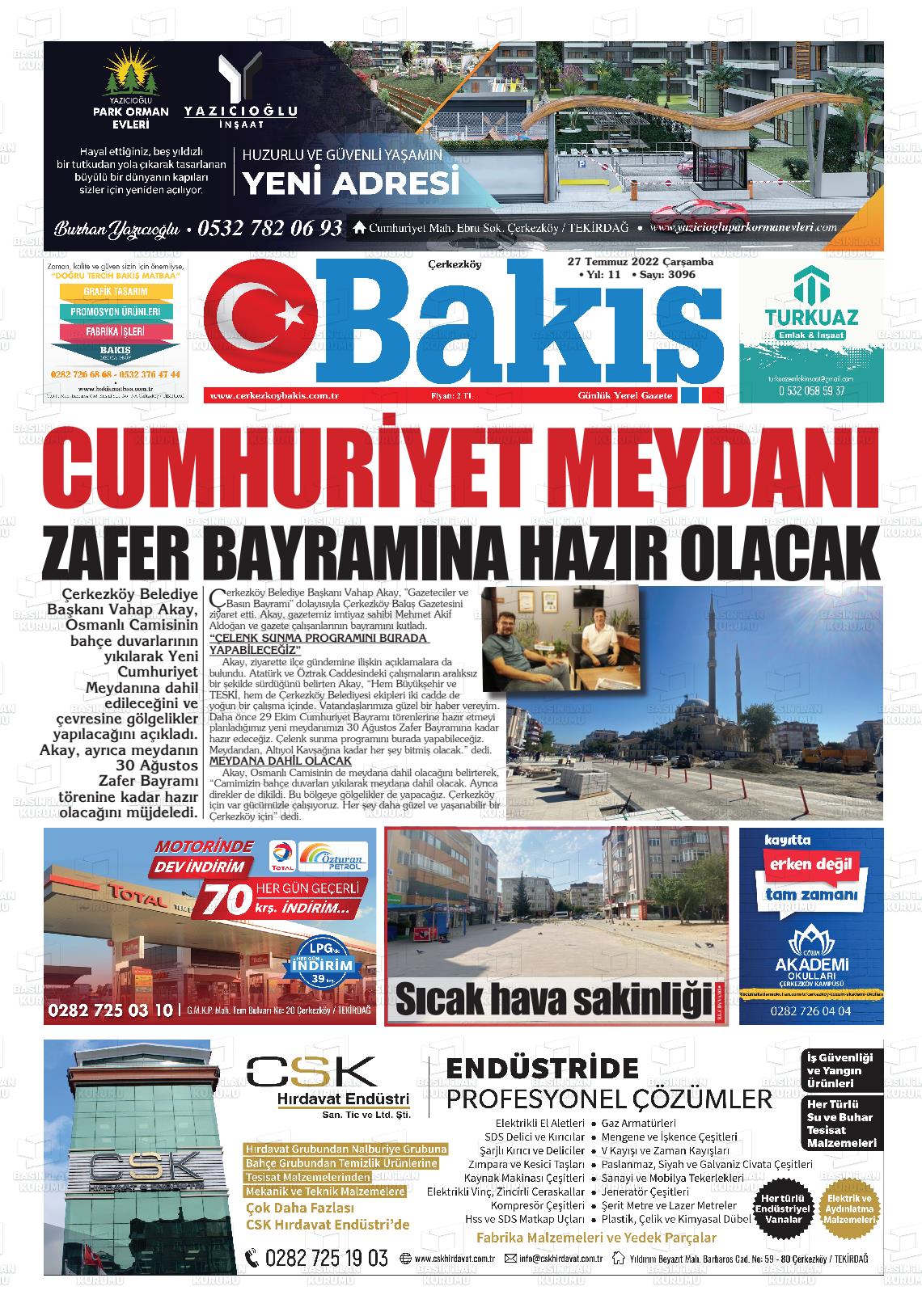 27 Temmuz 2022 Çerkezköy Bakış Gazete Manşeti