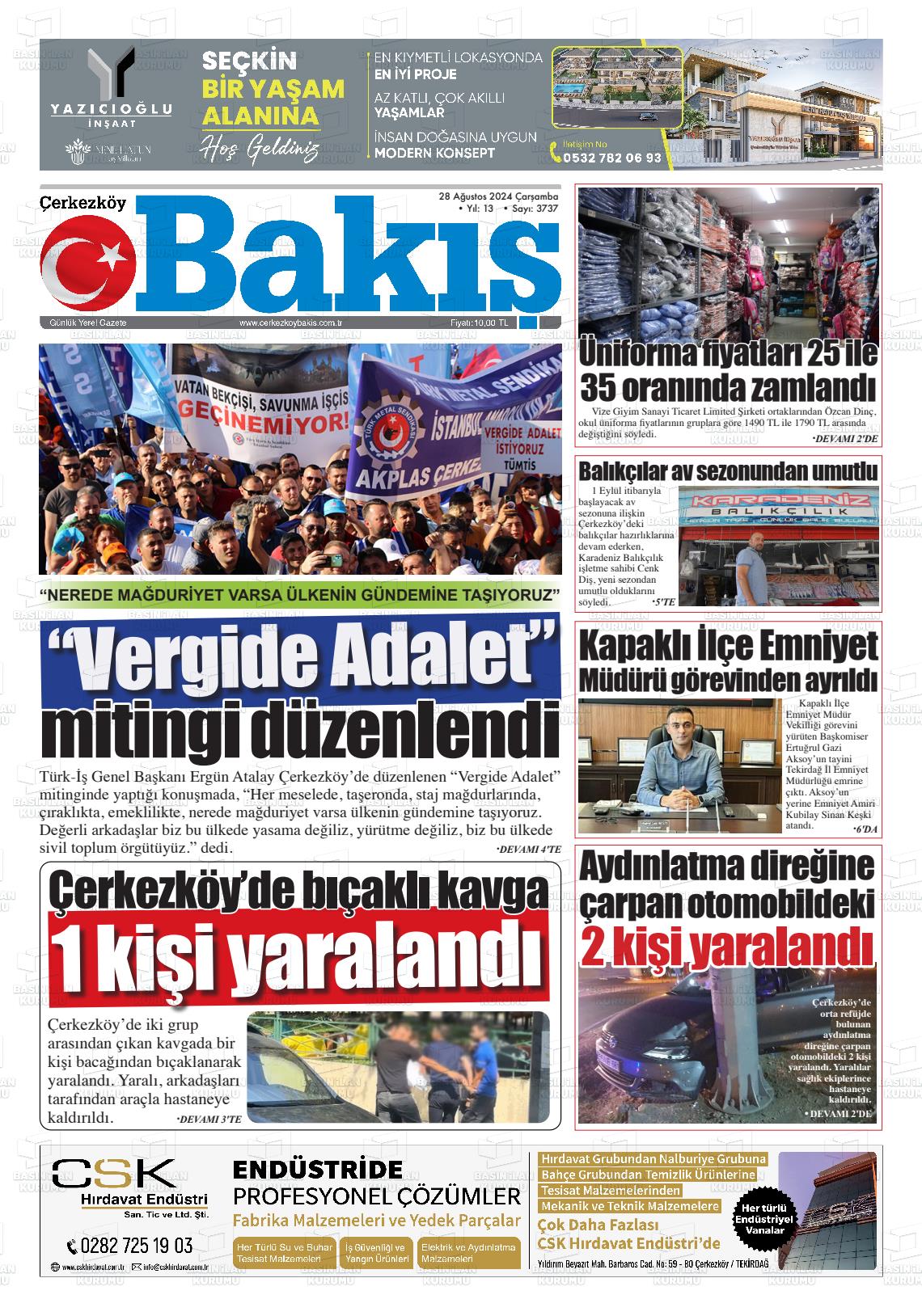 28 Ağustos 2024 Çerkezköy Bakış Gazete Manşeti