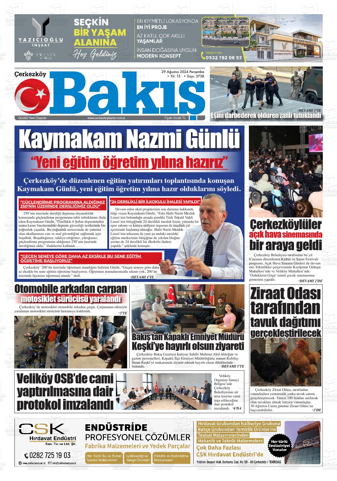 29 Ağustos 2024 Çerkezköy Bakış Gazete Manşeti