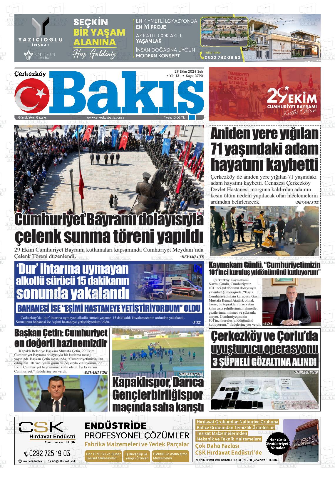 29 Ekim 2024 Çerkezköy Bakış Gazete Manşeti