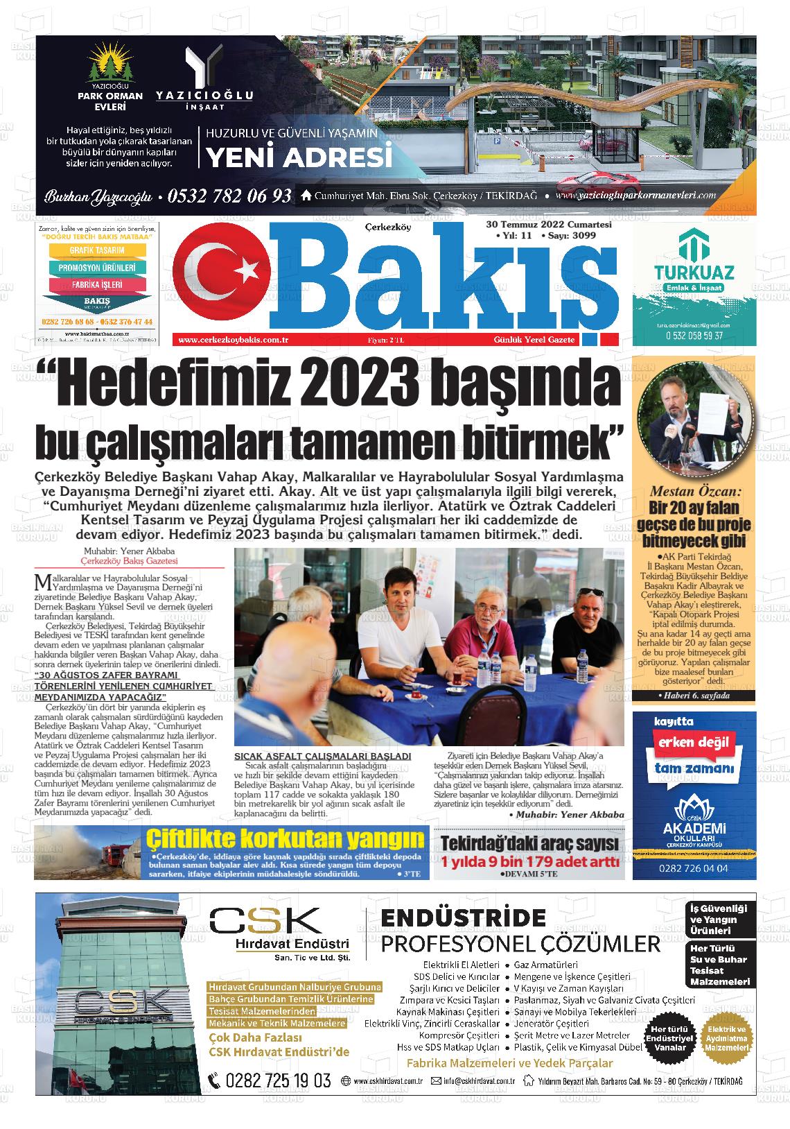 30 Temmuz 2022 Çerkezköy Bakış Gazete Manşeti