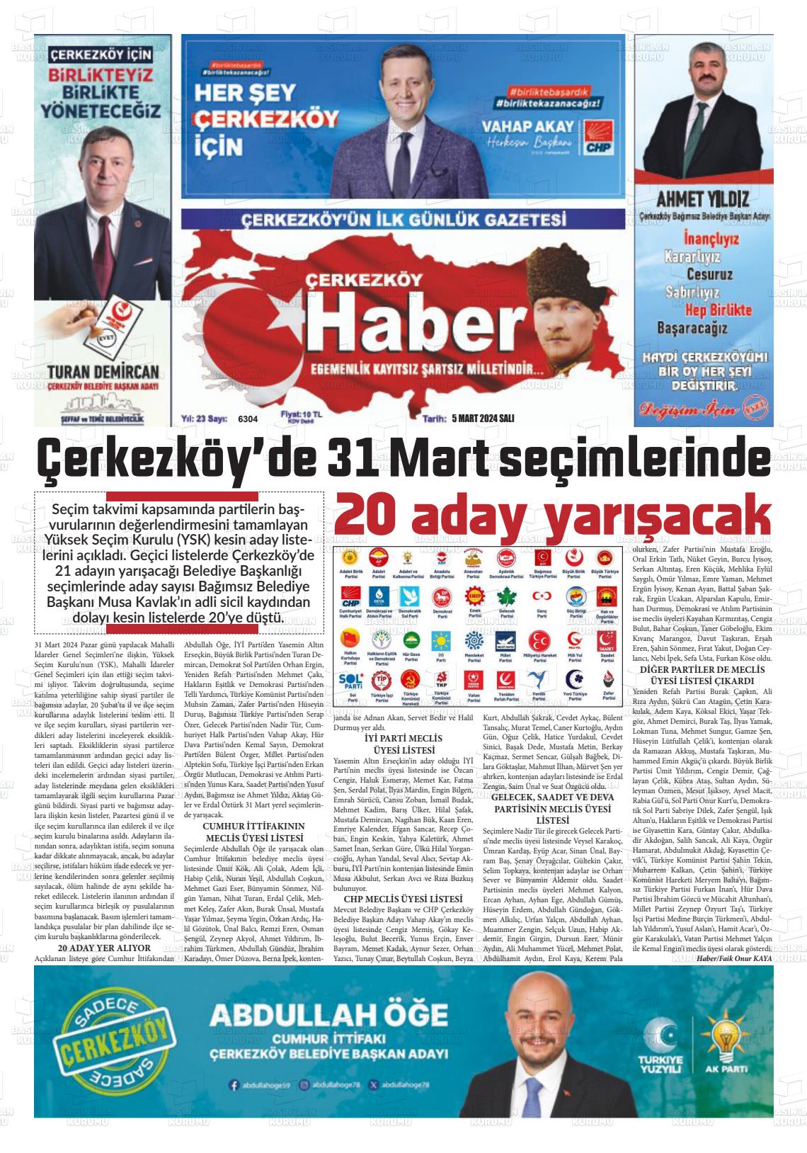 07 Mart 2024 Çerkezköy Haber Gazete Manşeti