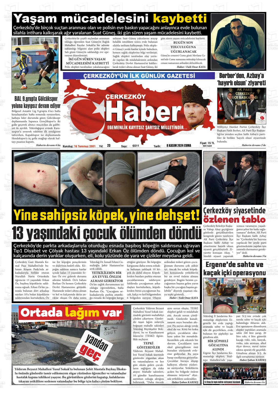 08 Kasım 2024 Çerkezköy Haber Gazete Manşeti