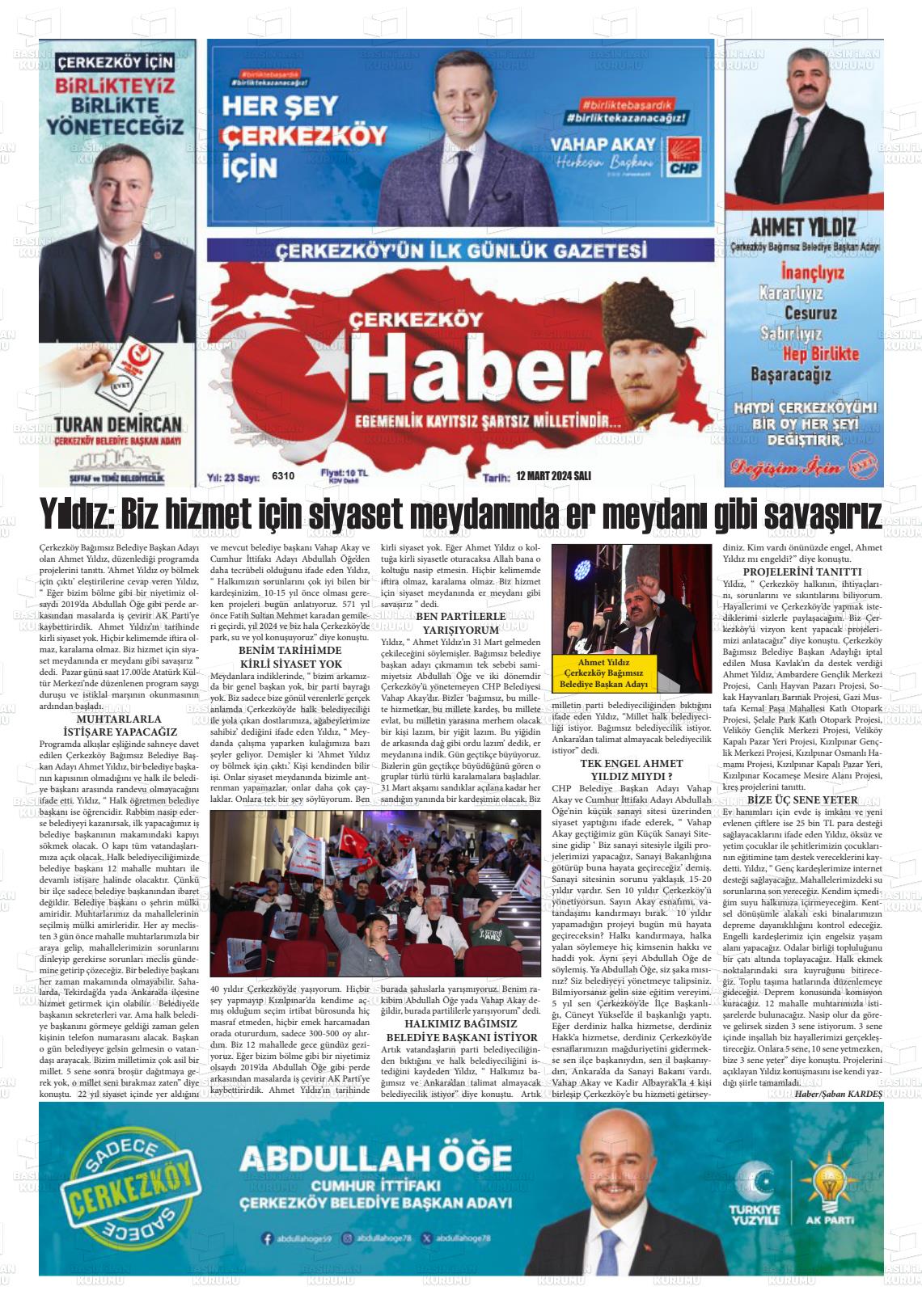 12 Mart 2024 Çerkezköy Haber Gazete Manşeti