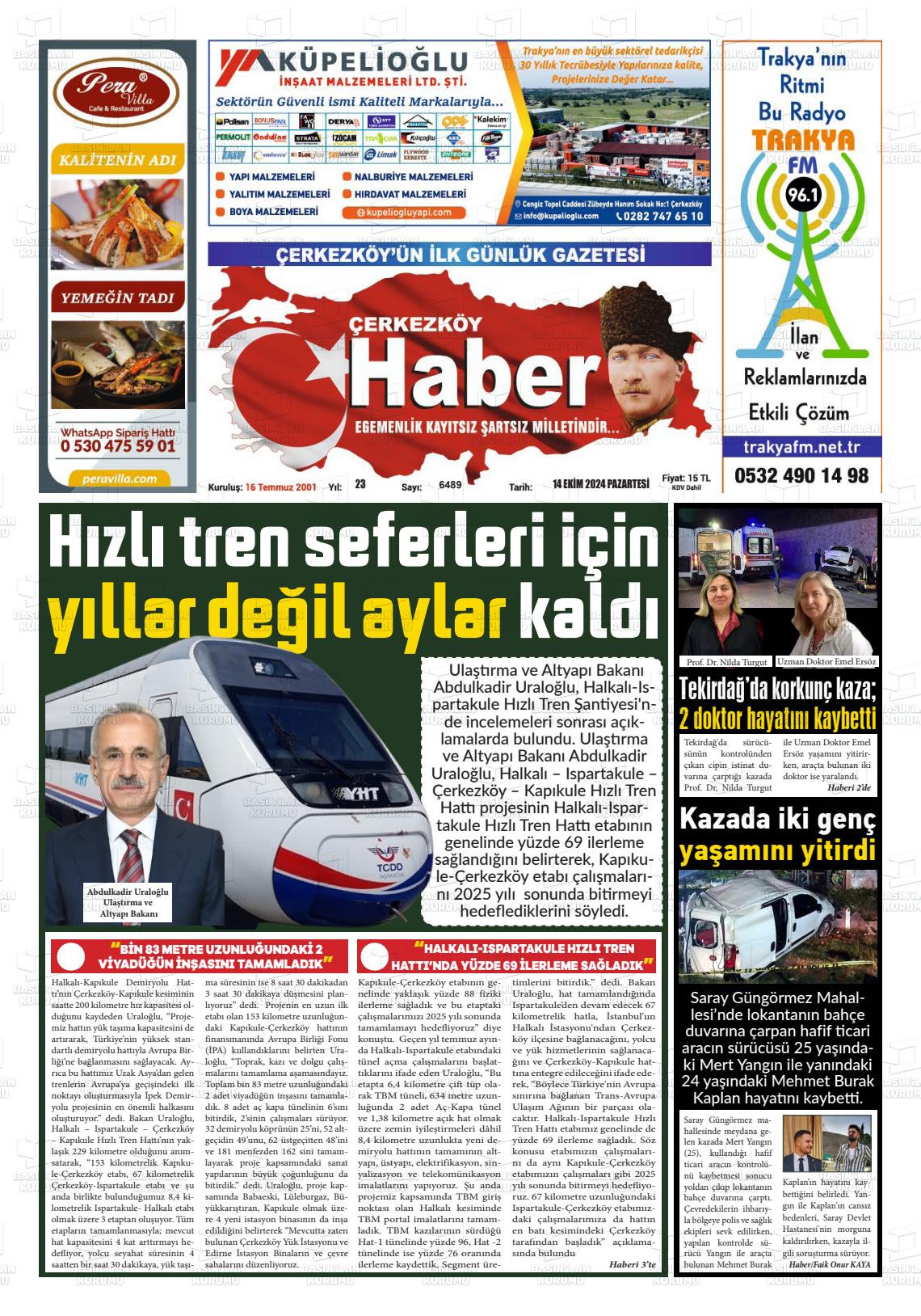 14 Ekim 2024 Çerkezköy Haber Gazete Manşeti