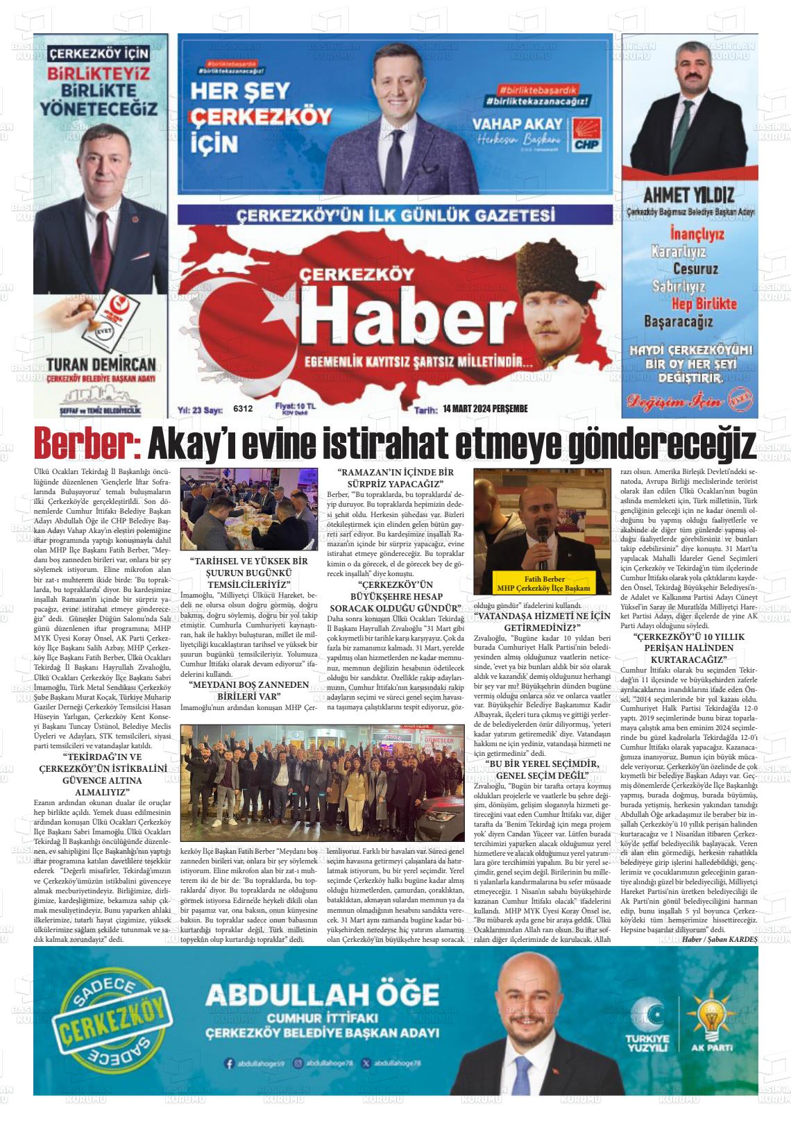 14 Mart 2024 Çerkezköy Haber Gazete Manşeti