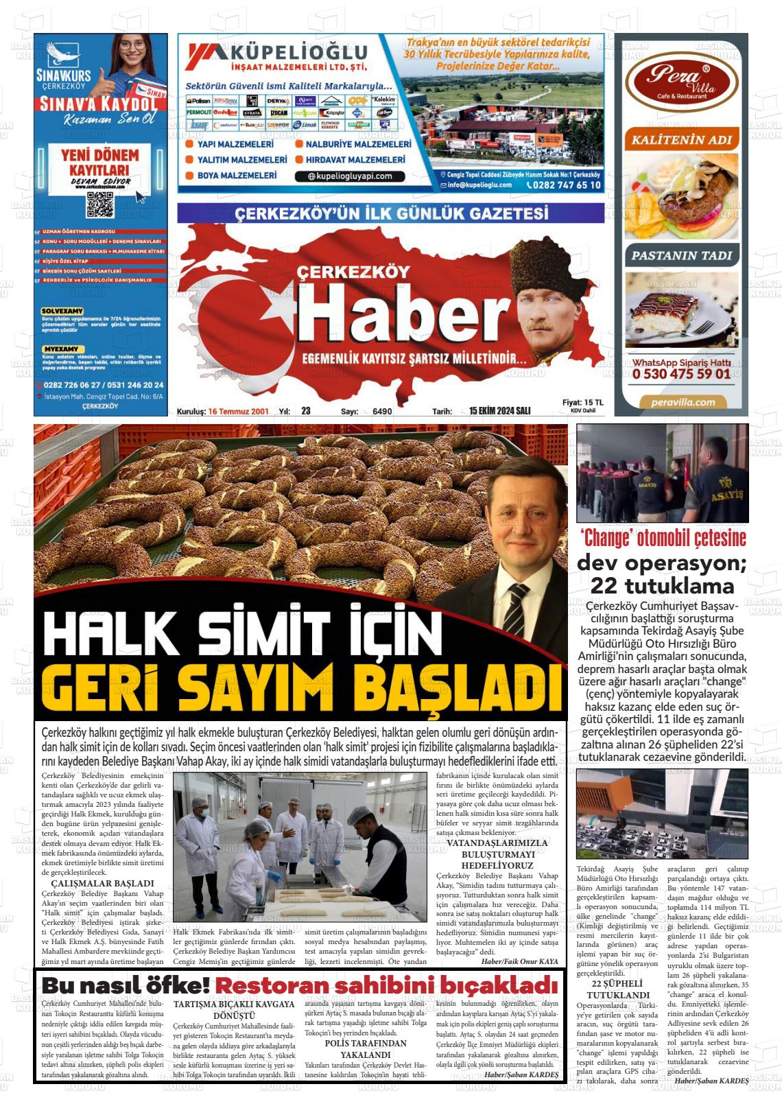 15 Ekim 2024 Çerkezköy Haber Gazete Manşeti